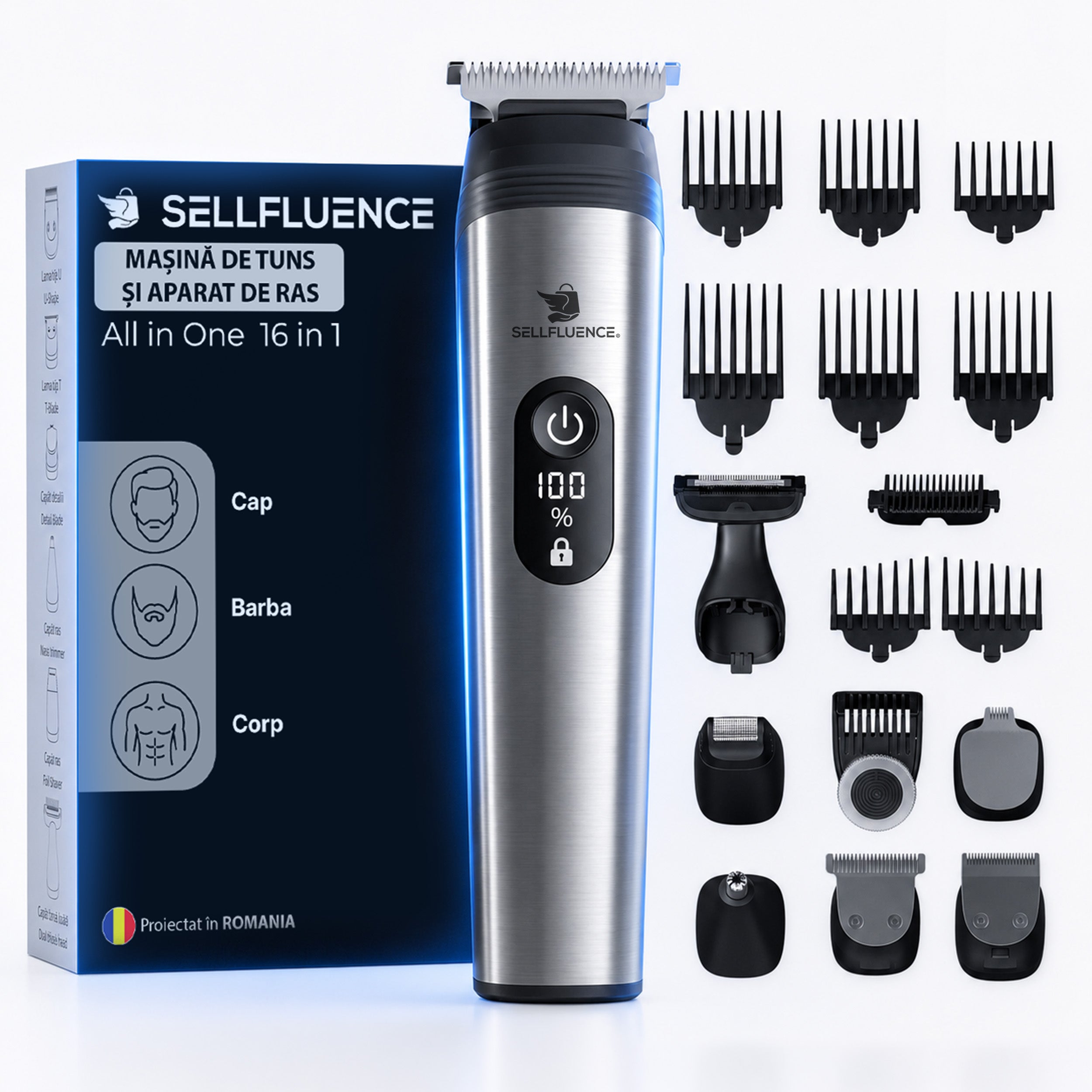 Masina de tuns si aparat de ras, Sellfluence All-in-One 16 in 1, par, barba, nas, inghinal si corp, rezistent la apa, wireless, 7000 rpm, autonomie 4-8 ore, negru/argintiu