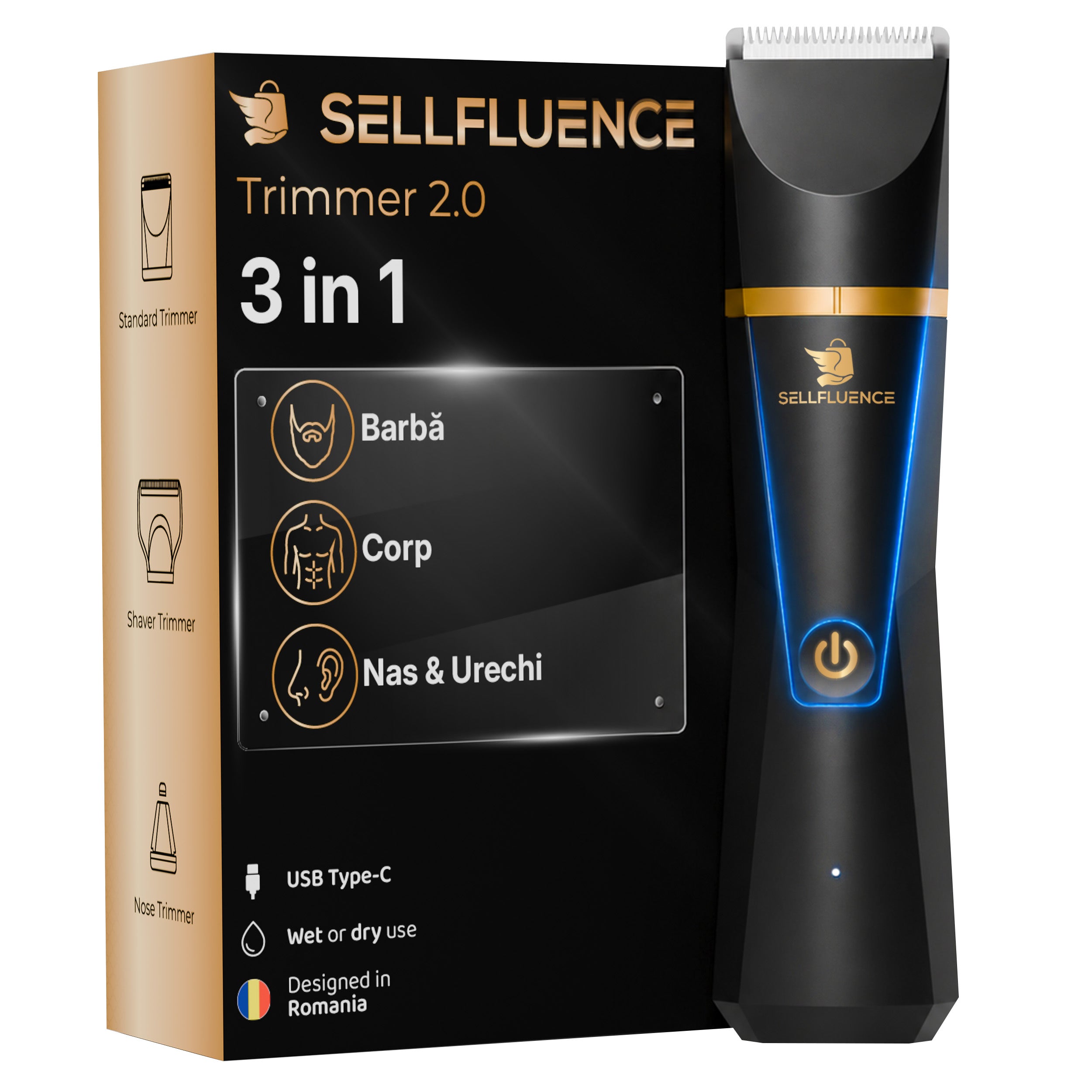 Masina de tuns si aparat de ras, Sellfluence Trimmer 2.0, multifunctional 3 in 1, de tuns, ras, nazal si conturare, pentru corp, inghinal, barba, nas, USB Type C, rezistent la apa, 7000 rpm