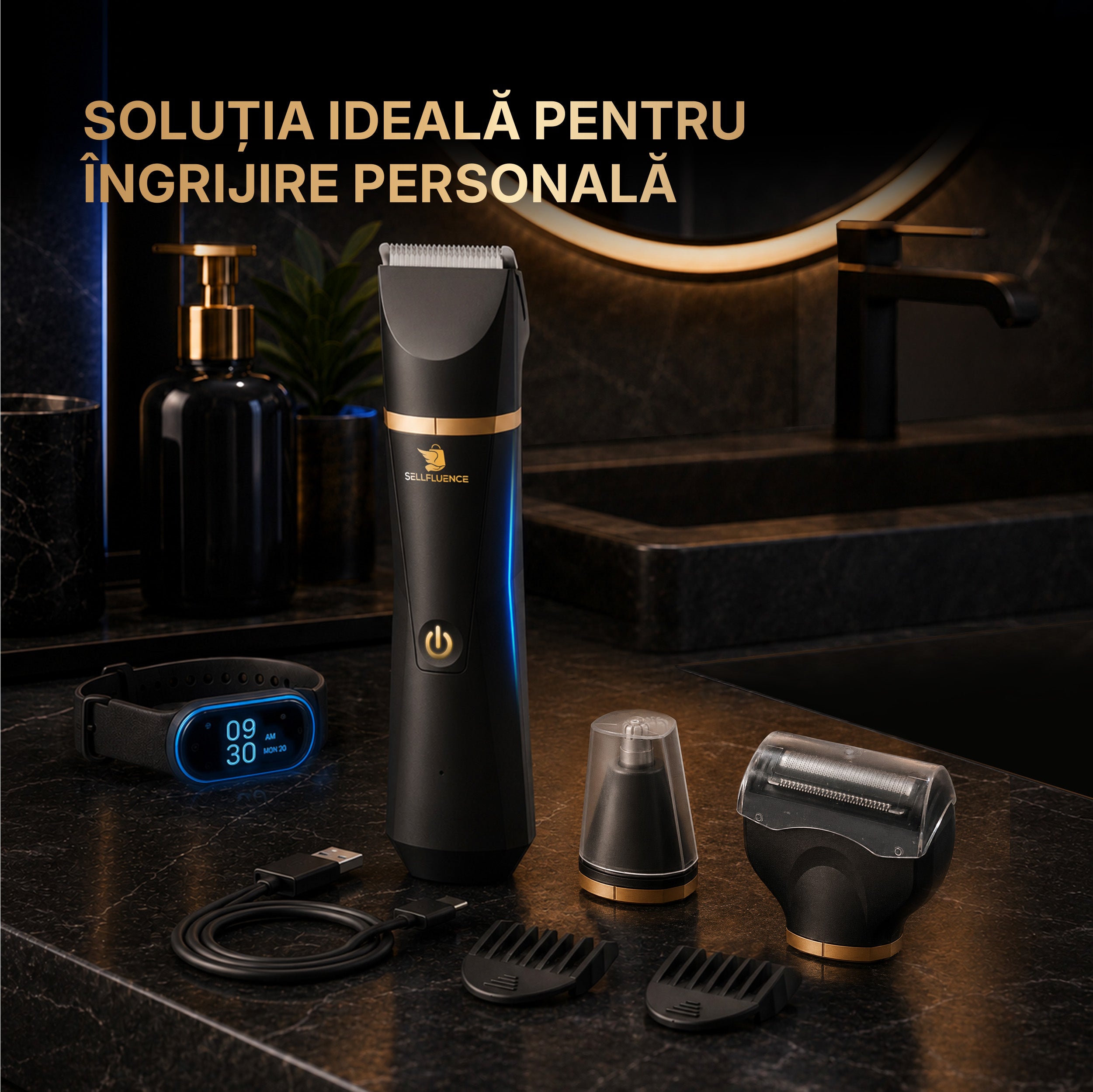 Masina de tuns si aparat de ras, Sellfluence Trimmer 2.0, multifunctional 3 in 1, de tuns, ras, nazal si conturare, pentru corp, inghinal, barba, nas, USB Type C, rezistent la apa, 7000 rpm