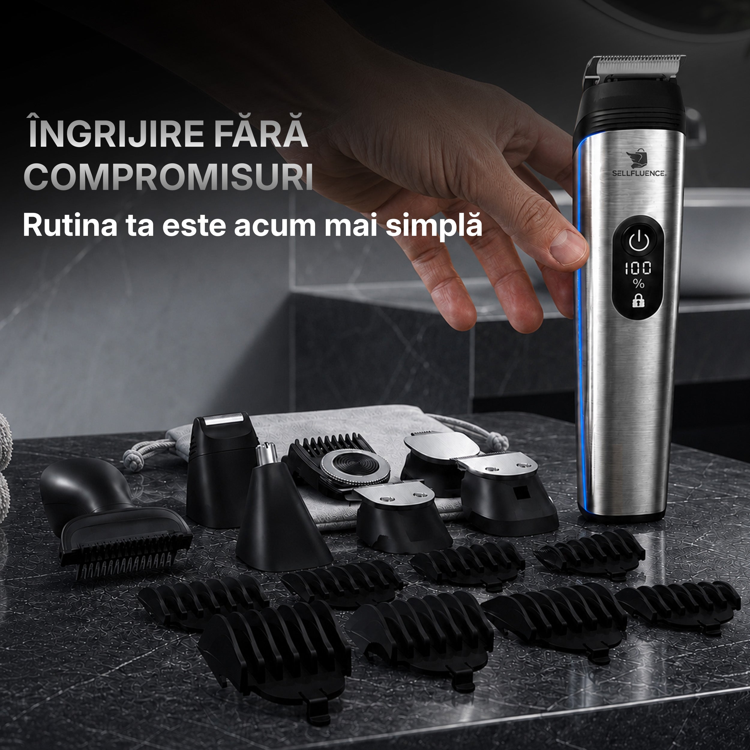 Masina de tuns si aparat de ras, Sellfluence All-in-One 16 in 1, par, barba, nas, inghinal si corp, rezistent la apa, wireless, 7000 rpm, autonomie 4-8 ore, negru/argintiu