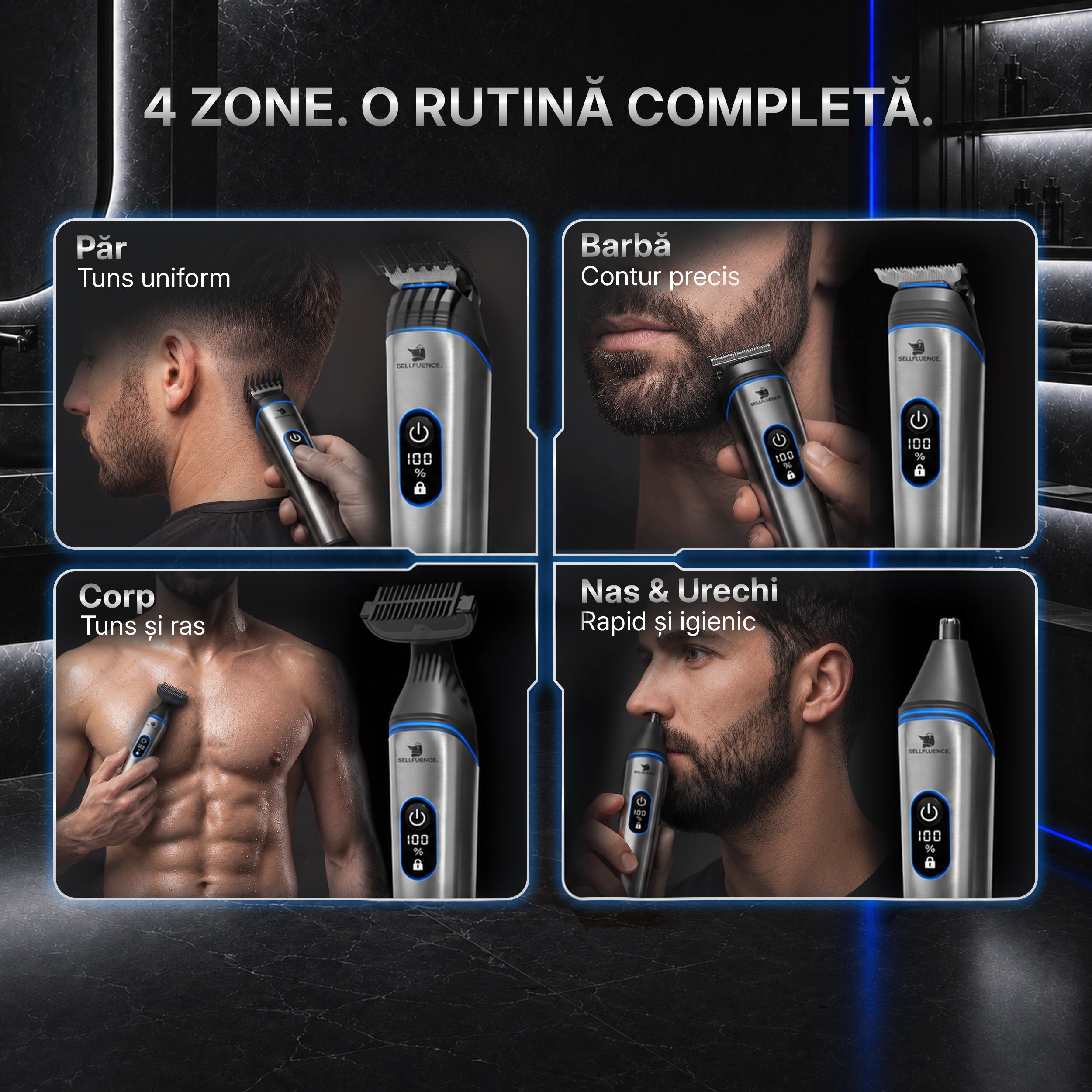 Masina de tuns si aparat de ras, Sellfluence All-in-One 16 in 1, par, barba, nas, inghinal si corp, rezistent la apa, wireless, 7000 rpm, autonomie 4-8 ore, negru/argintiu