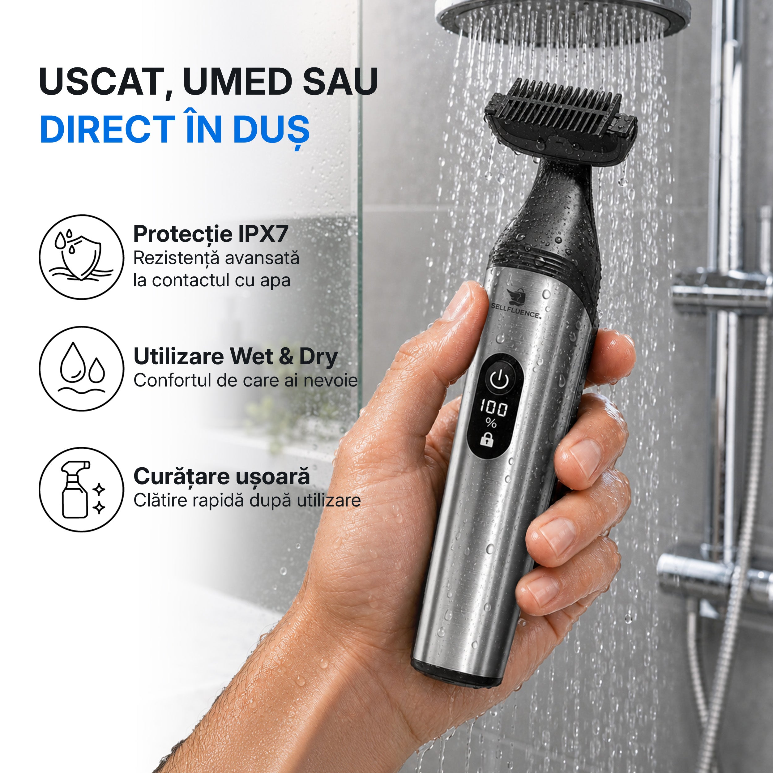 Masina de tuns si aparat de ras, Sellfluence All-in-One 16 in 1, par, barba, nas, inghinal si corp, rezistent la apa, wireless, 7000 rpm, autonomie 4-8 ore, negru/argintiu