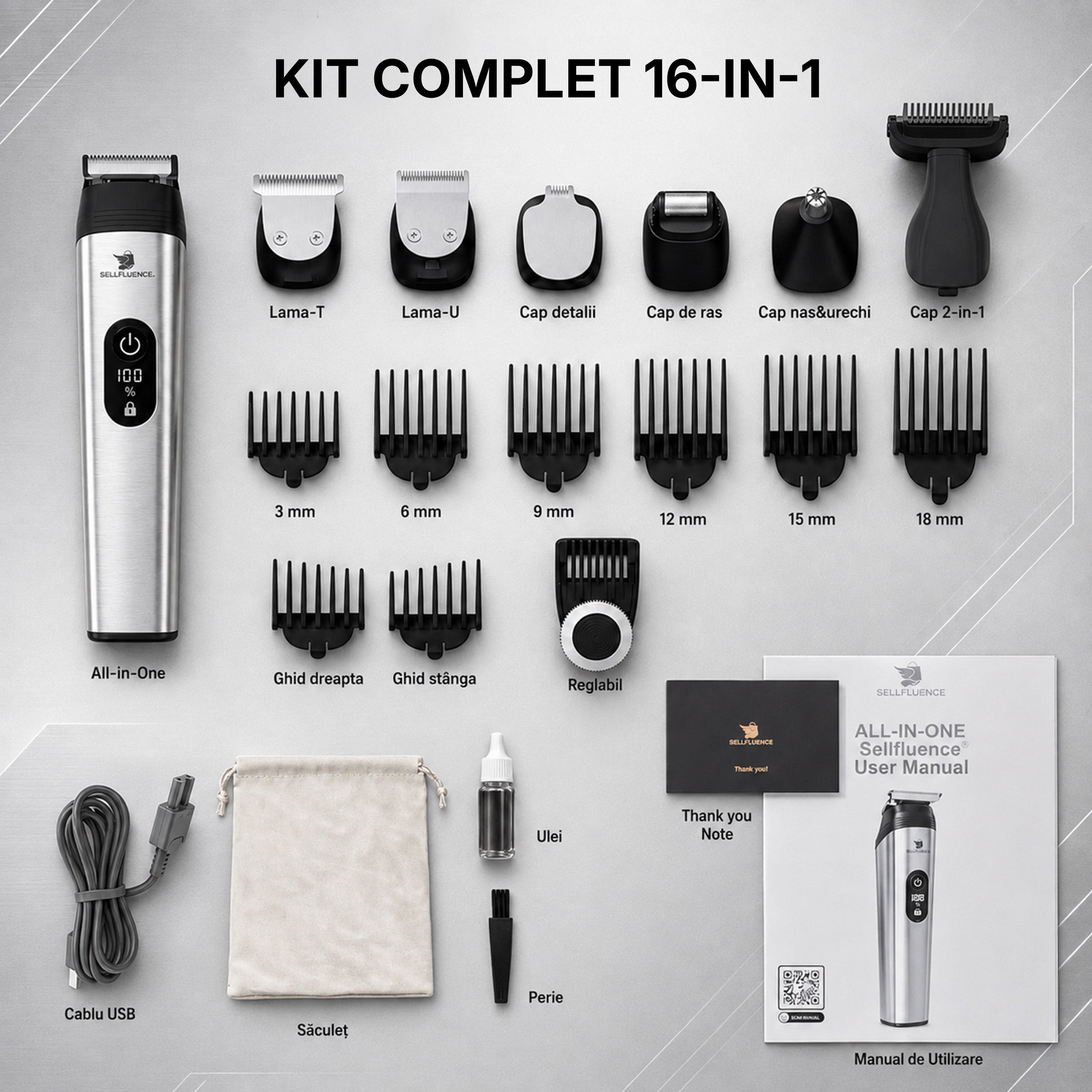 Masina de tuns si aparat de ras, Sellfluence All-in-One 16 in 1, par, barba, nas, inghinal si corp, rezistent la apa, wireless, 7000 rpm, autonomie 4-8 ore, negru/argintiu