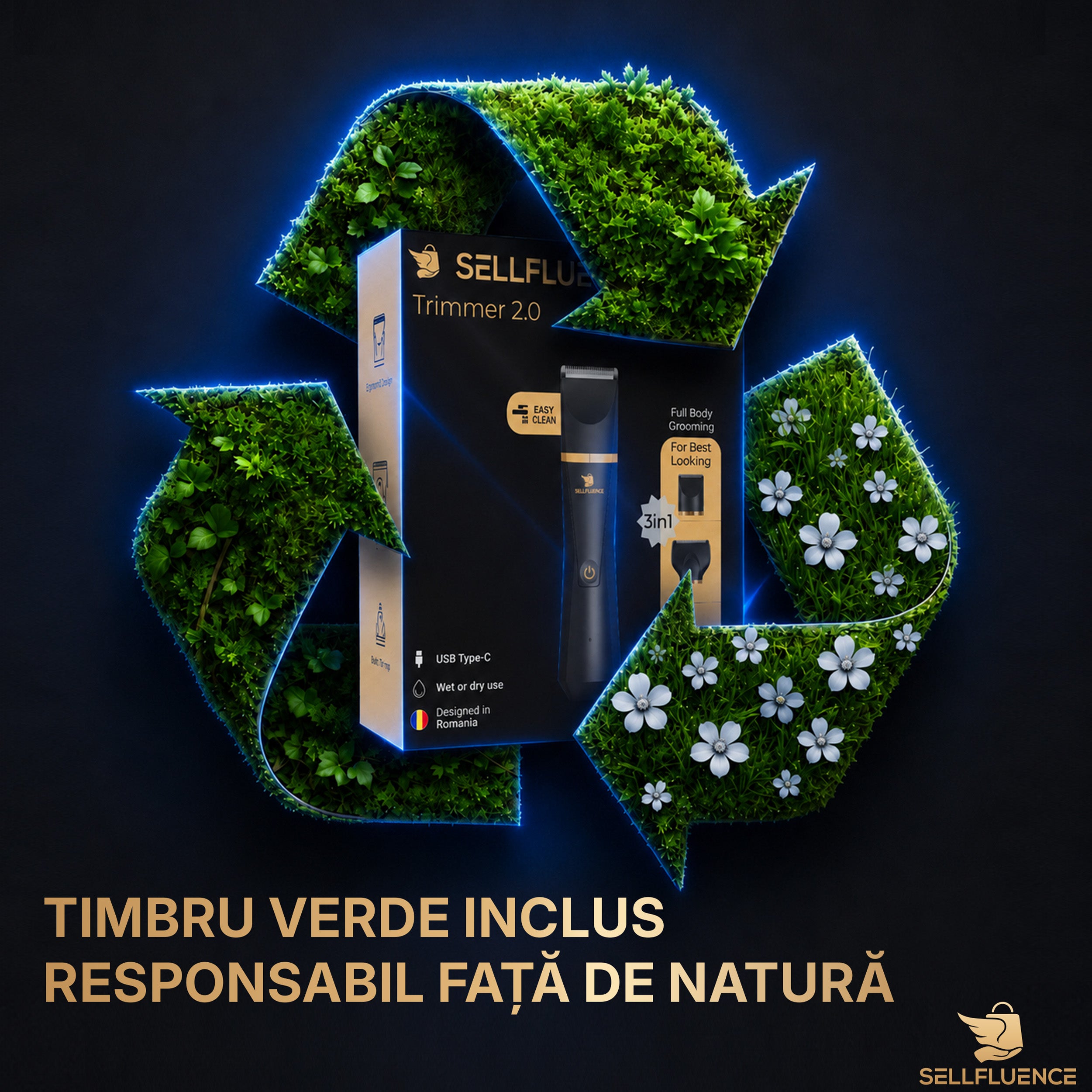 Masina de tuns si aparat de ras, Sellfluence Trimmer 2.0, multifunctional 3 in 1, de tuns, ras, nazal si conturare, pentru corp, inghinal, barba, nas, USB Type C, rezistent la apa, 7000 rpm