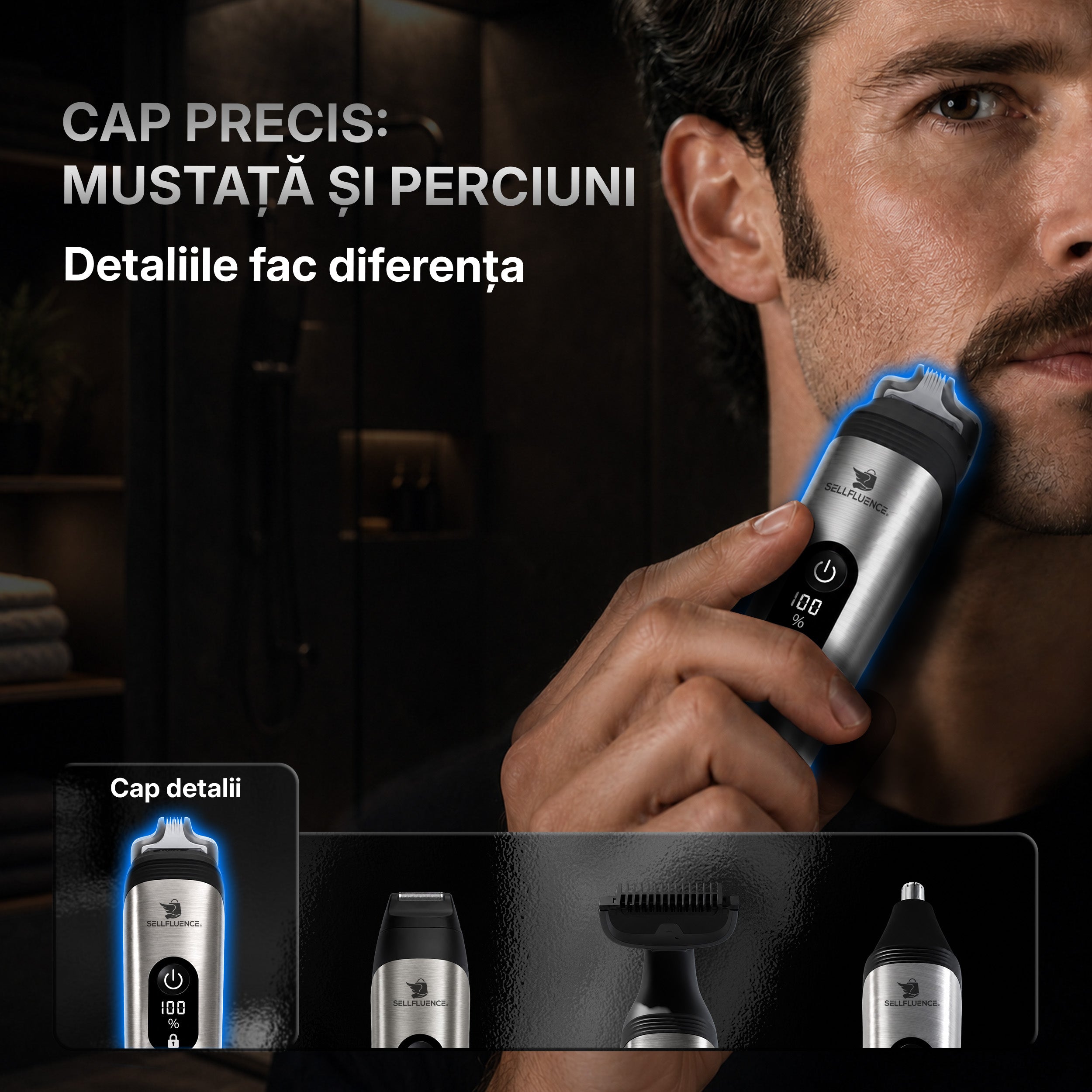 Masina de tuns si aparat de ras, Sellfluence All-in-One 16 in 1, par, barba, nas, inghinal si corp, rezistent la apa, wireless, 7000 rpm, autonomie 4-8 ore, negru/argintiu