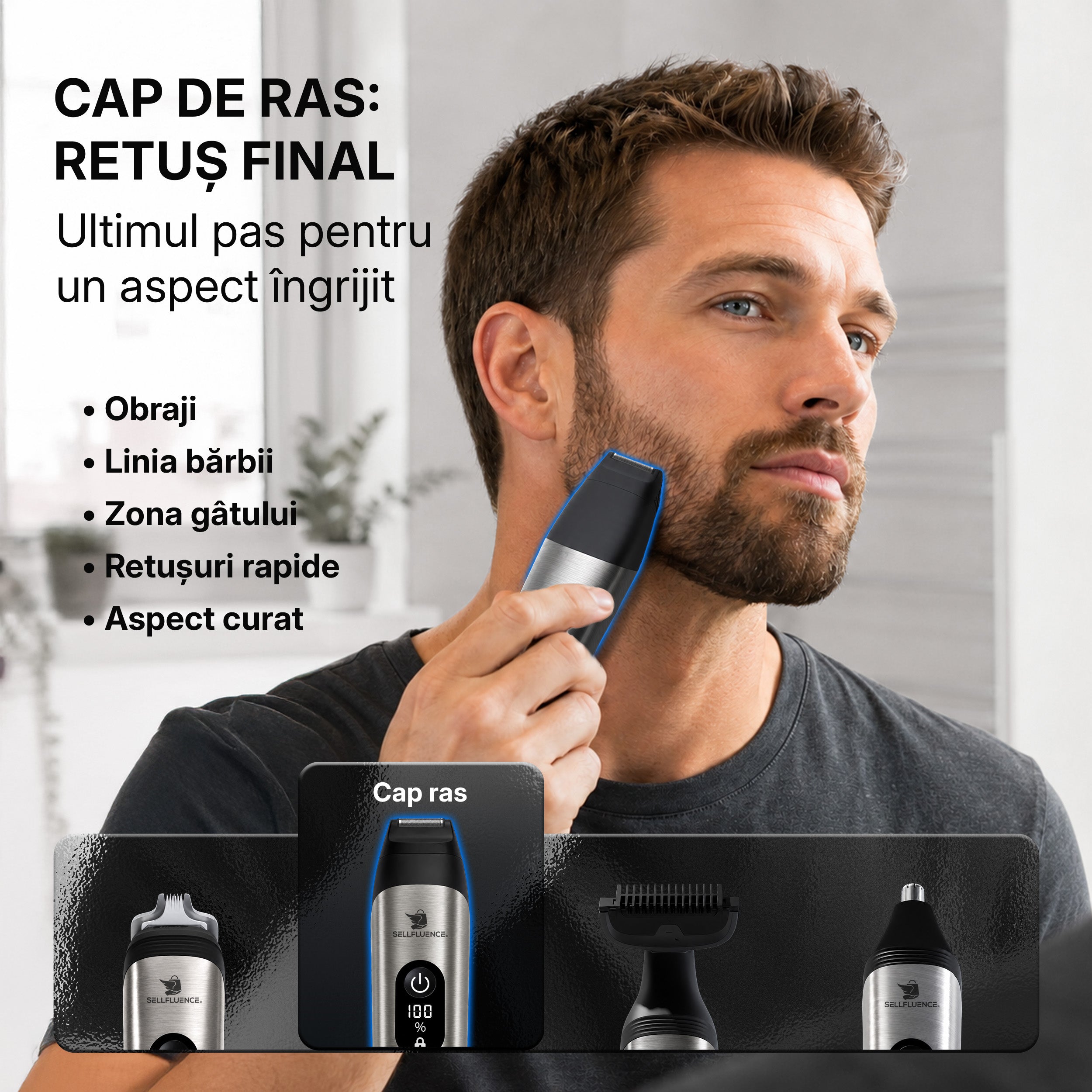 Masina de tuns si aparat de ras, Sellfluence All-in-One 16 in 1, par, barba, nas, inghinal si corp, rezistent la apa, wireless, 7000 rpm, autonomie 4-8 ore, negru/argintiu