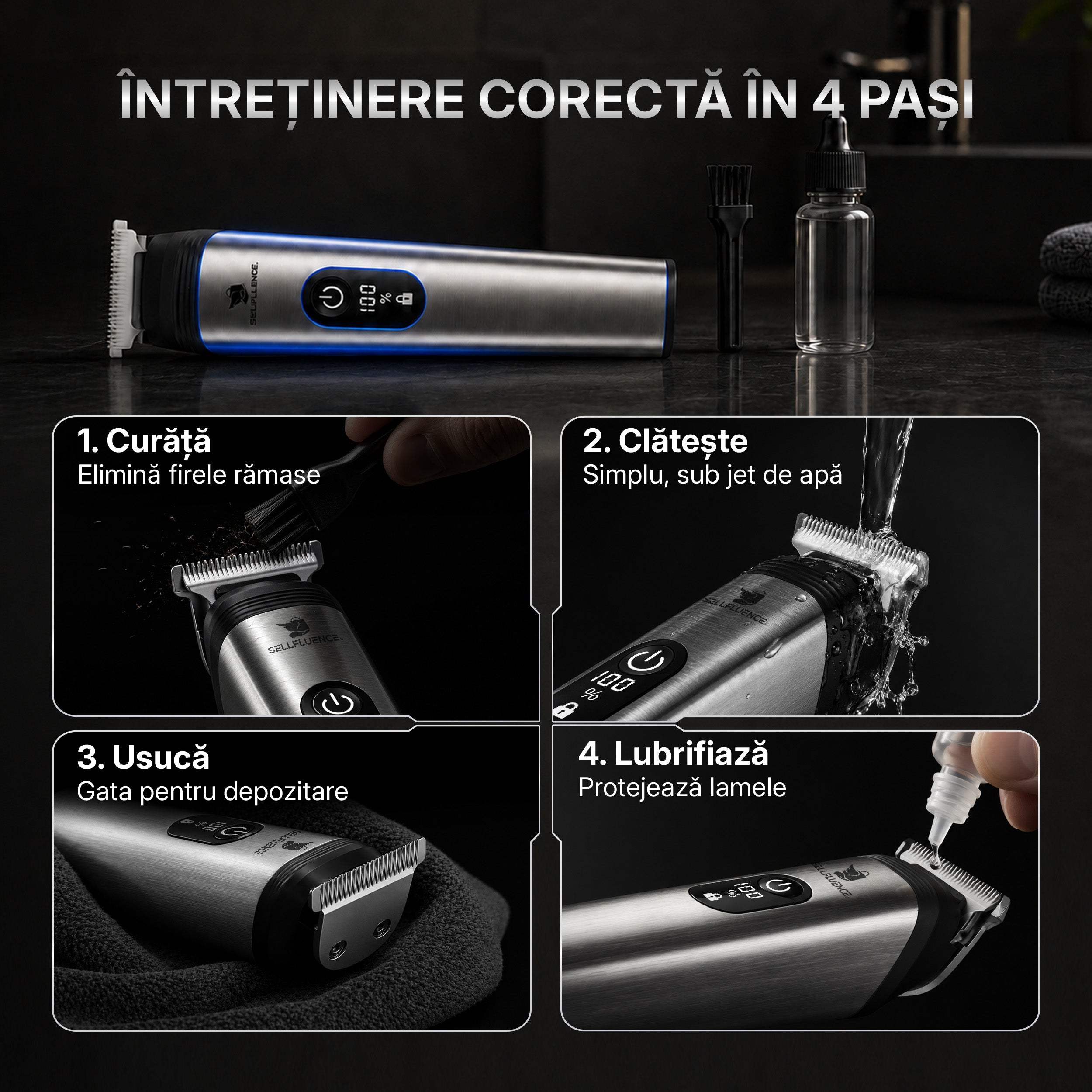 Masina de tuns si aparat de ras, Sellfluence All-in-One 16 in 1, par, barba, nas, inghinal si corp, rezistent la apa, wireless, 7000 rpm, autonomie 4-8 ore, negru/argintiu