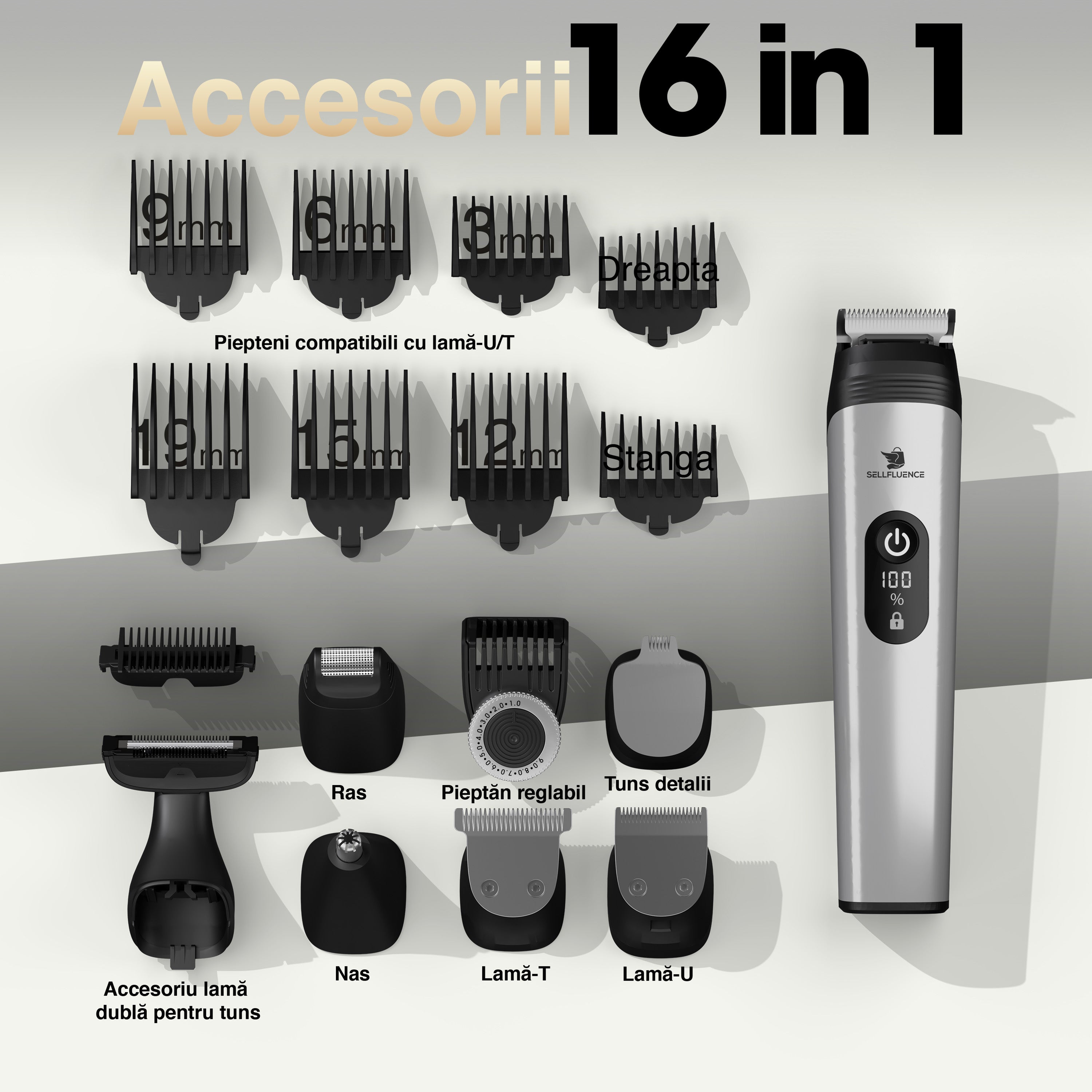 Masina de tuns si aparat de ras, Sellfluence All-in-One 16 in 1, par, barba, nas, inghinal si corp, rezistent la apa, wireless, 7000 rpm, autonomie 4-8 ore, negru/argintiu