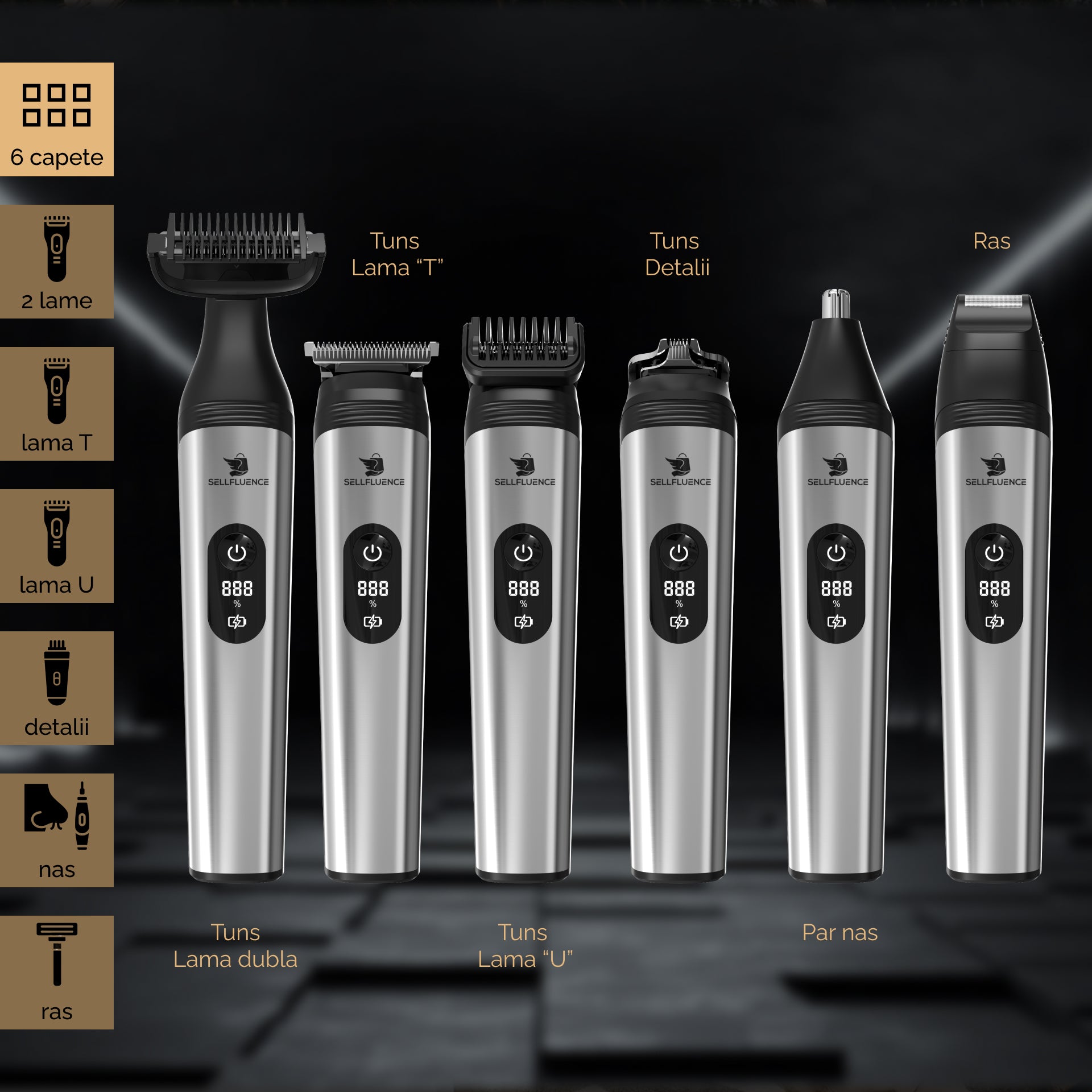Masina de tuns si aparat de ras, Sellfluence All-in-One 16 in 1, par, barba, nas, inghinal si corp, rezistent la apa, wireless, 7000 rpm, autonomie 4-8 ore, negru/argintiu