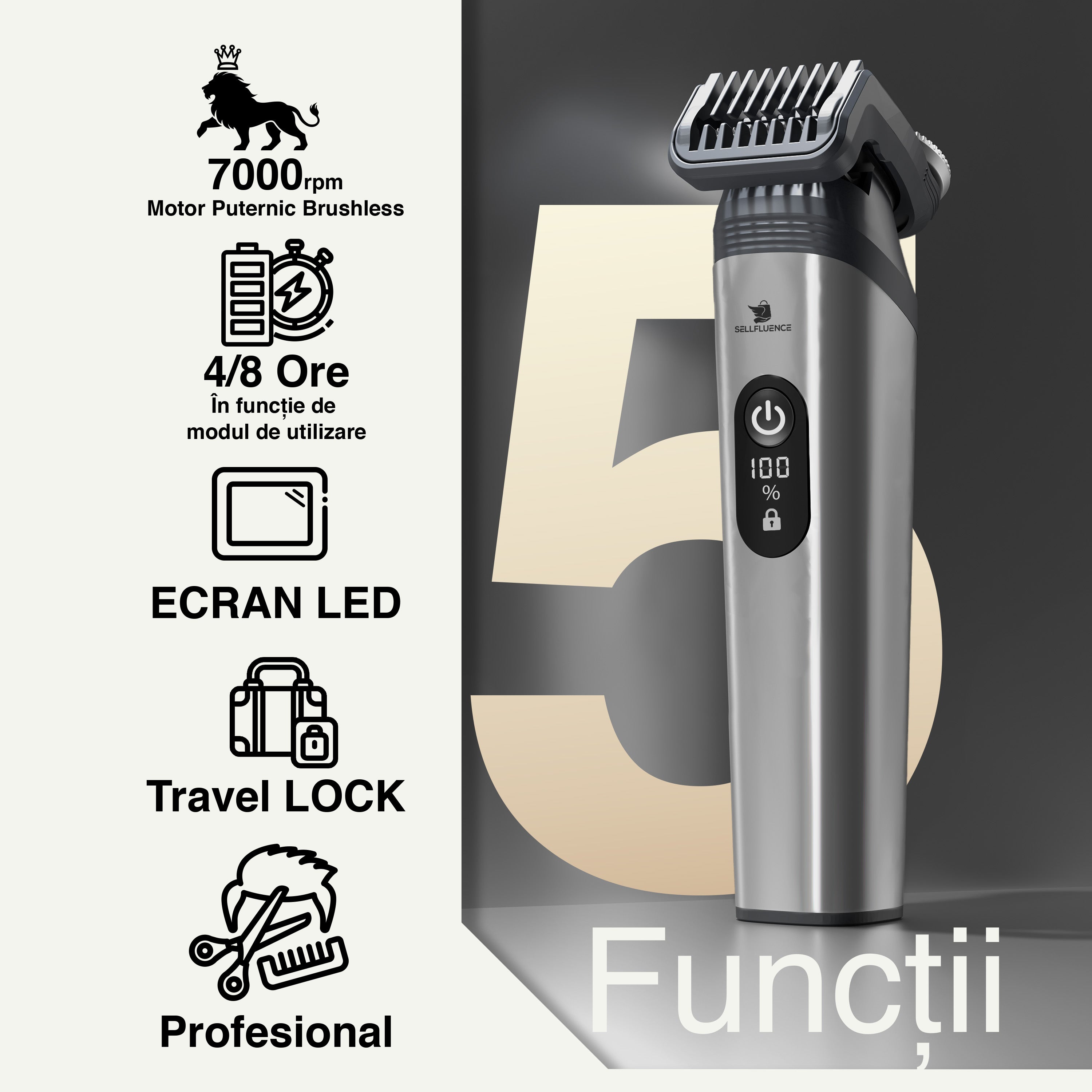 Masina de tuns si aparat de ras, Sellfluence All-in-One 16 in 1, par, barba, nas, inghinal si corp, rezistent la apa, wireless, 7000 rpm, autonomie 4-8 ore, negru/argintiu