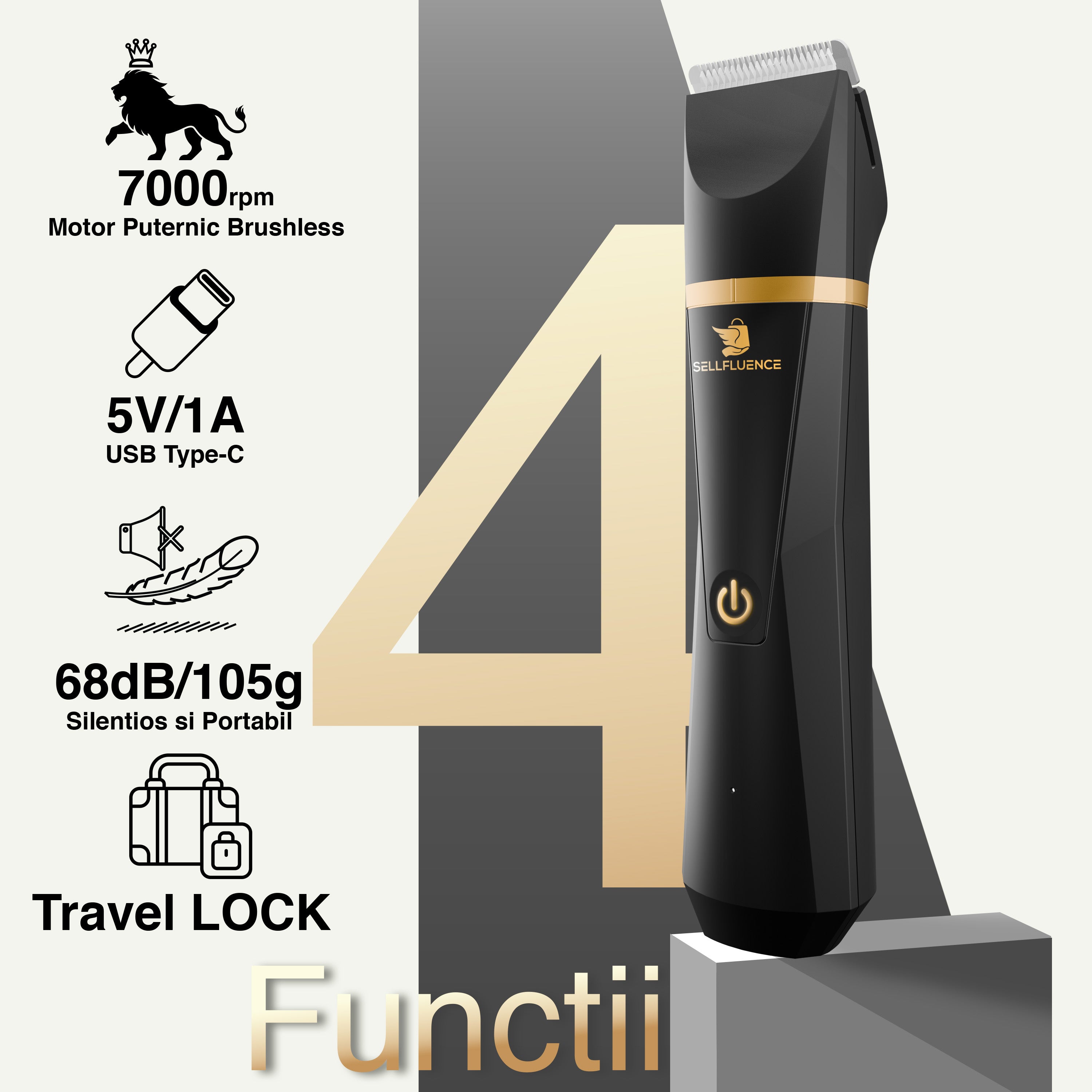 Masina de tuns si aparat de ras, Sellfluence Trimmer 2.0, multifunctional 3 in 1, de tuns, ras, nazal si conturare, pentru corp, inghinal, barba, nas, USB Type C, rezistent la apa, 7000 rpm