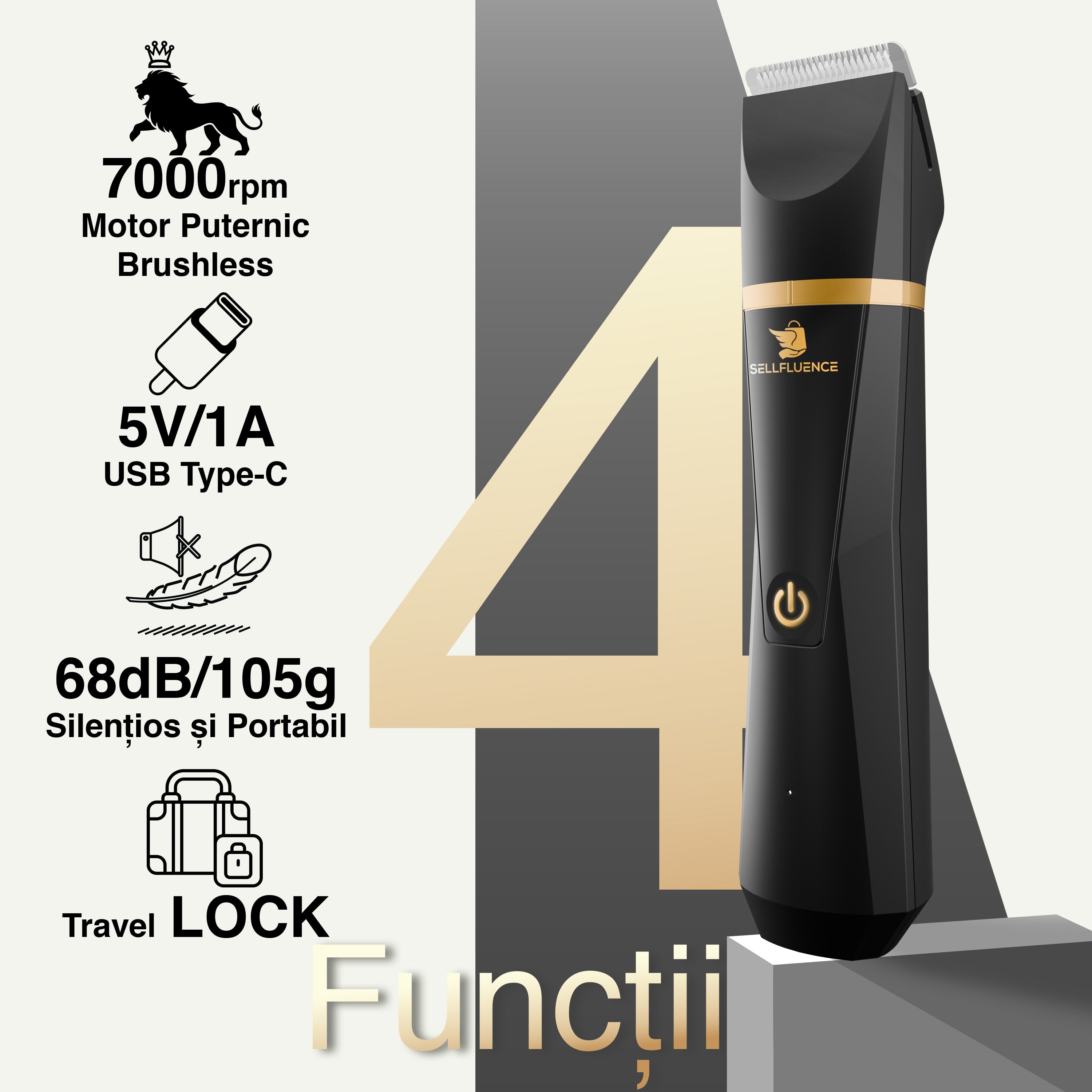 Masina de tuns si aparat de ras, Sellfluence Trimmer 2.0, multifunctional 3 in 1, de tuns, ras, nazal si conturare, pentru corp, inghinal, barba, nas, USB Type C, rezistent la apa, 7000 rpm