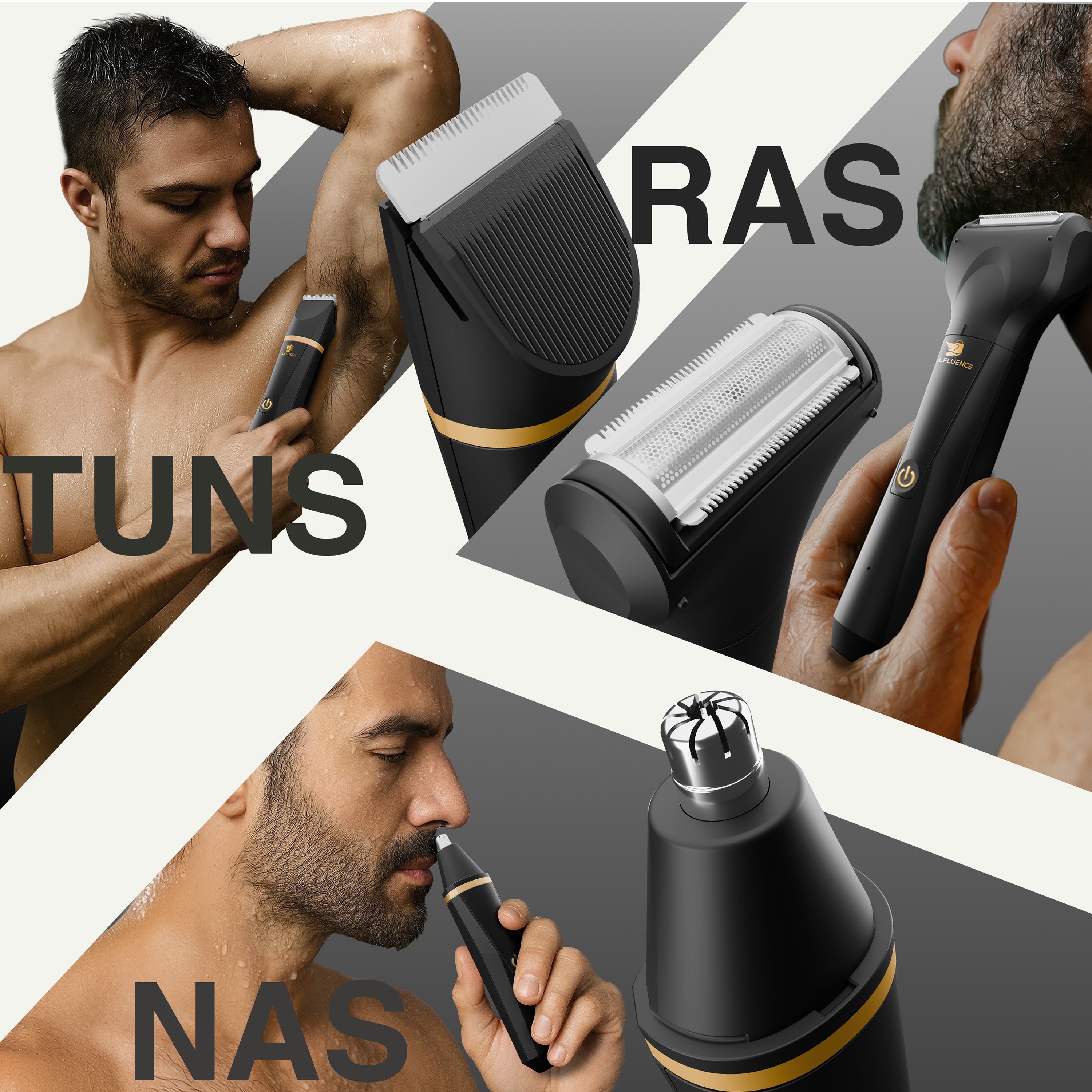 Masina de tuns si aparat de ras, Sellfluence Trimmer 2.0, multifunctional 3 in 1, de tuns, ras, nazal si conturare, pentru corp, inghinal, barba, nas, USB Type C, rezistent la apa, 7000 rpm