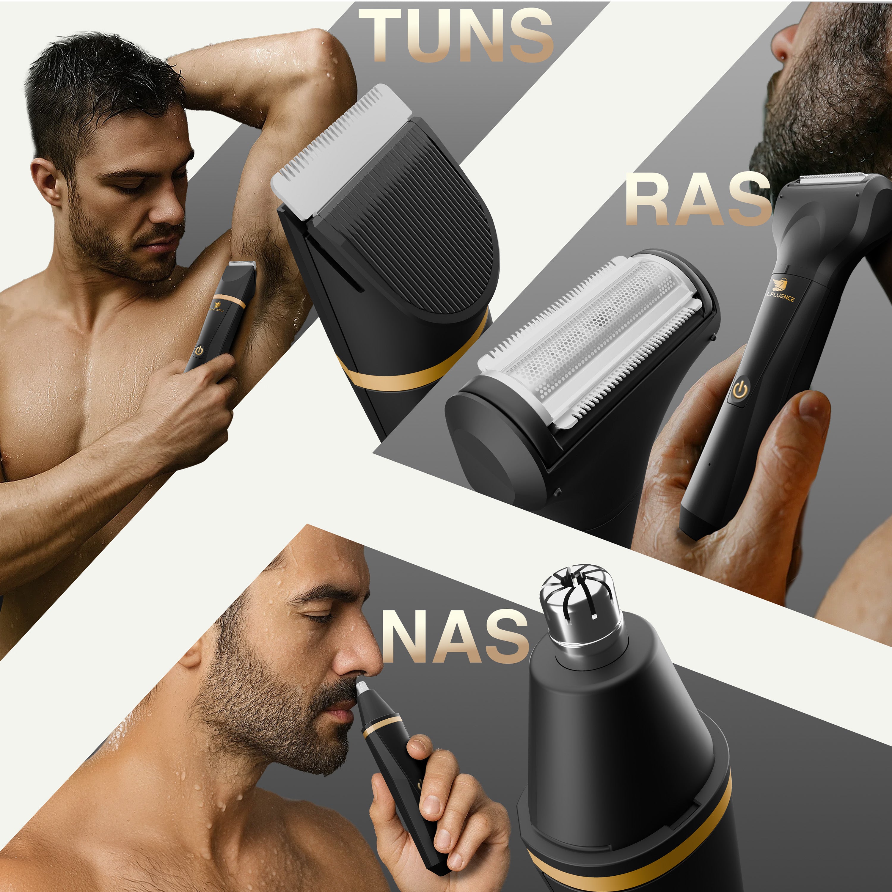 Masina de tuns si aparat de ras, Sellfluence Trimmer 2.0, multifunctional 3 in 1, de tuns, ras, nazal si conturare, pentru corp, inghinal, barba, nas, USB Type C, rezistent la apa, 7000 rpm