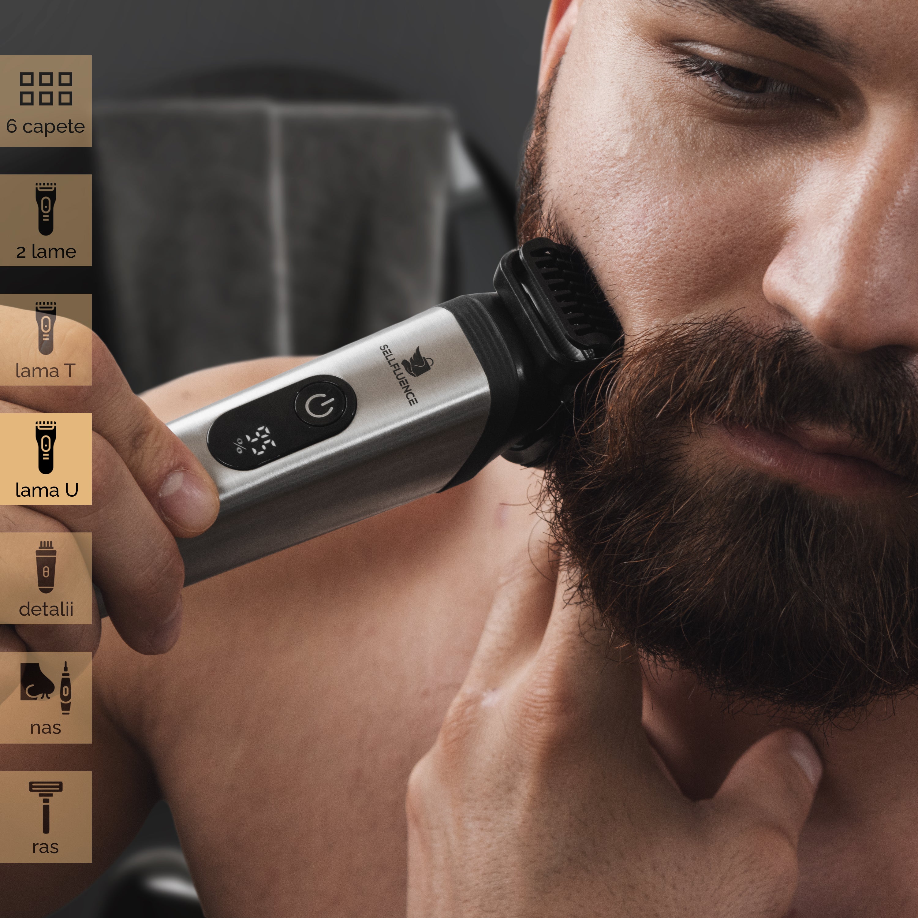 Masina de tuns si aparat de ras, Sellfluence All-in-One 16 in 1, par, barba, nas, inghinal si corp, rezistent la apa, wireless, 7000 rpm, autonomie 4-8 ore, negru/argintiu
