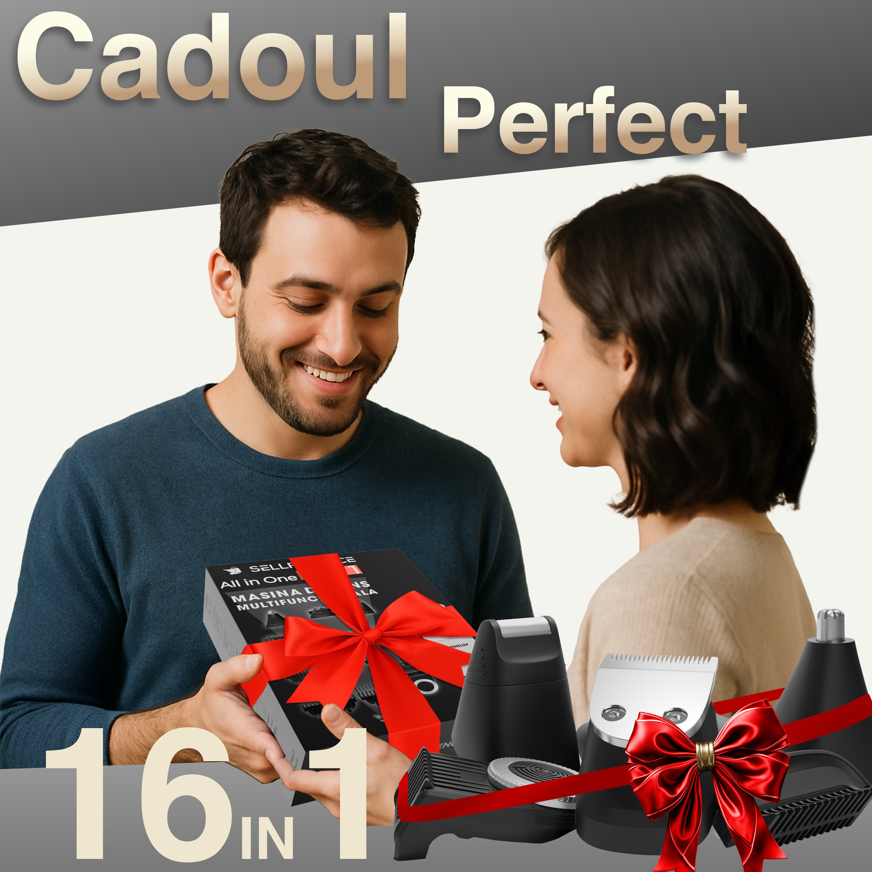 Masina de tuns si aparat de ras, Sellfluence All-in-One 16 in 1, par, barba, nas, inghinal si corp, rezistent la apa, wireless, 7000 rpm, autonomie 4-8 ore, negru/argintiu