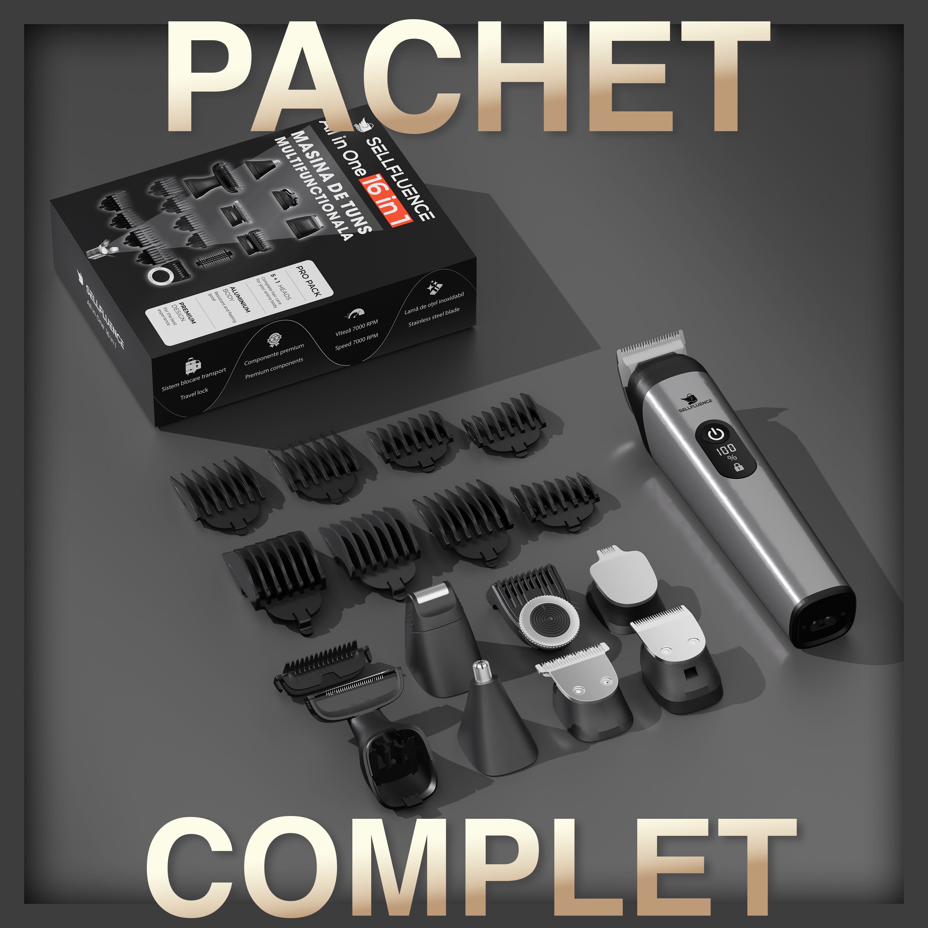 Masina de tuns si aparat de ras, Sellfluence All-in-One 16 in 1, par, barba, nas, inghinal si corp, rezistent la apa, wireless, 7000 rpm, autonomie 4-8 ore, negru/argintiu