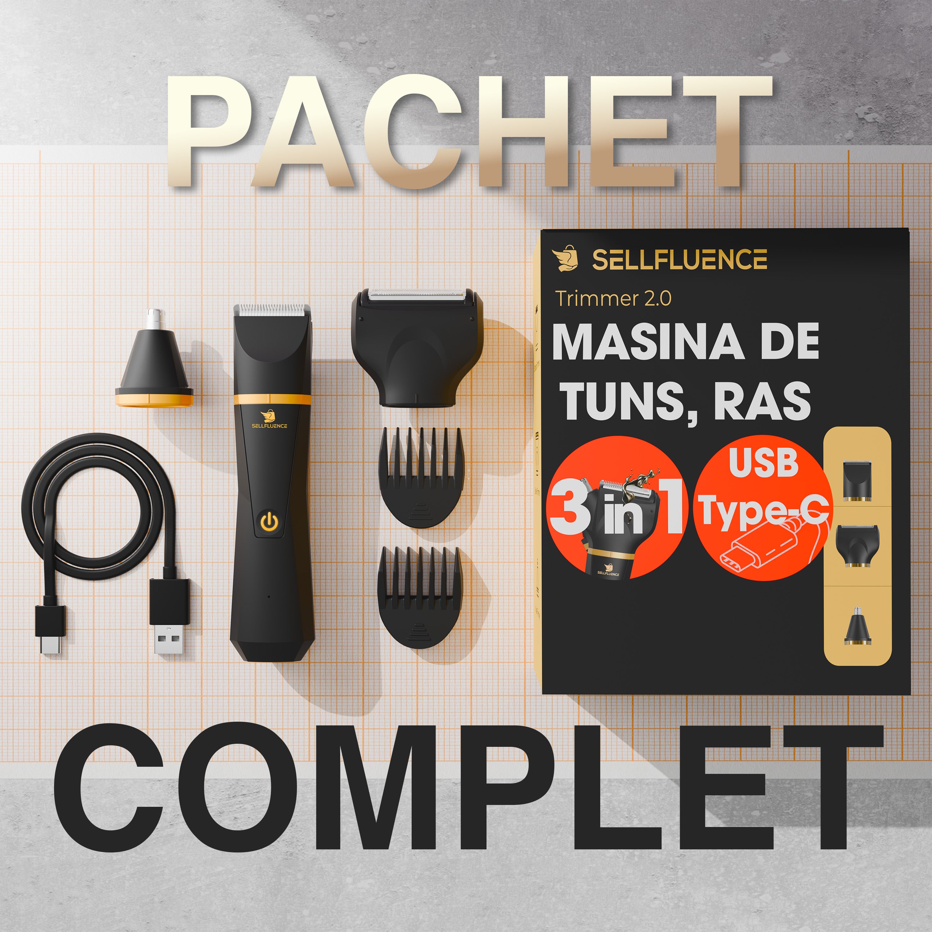 Masina de tuns si aparat de ras, Sellfluence Trimmer 2.0, multifunctional 3 in 1, de tuns, ras, nazal si conturare, pentru corp, inghinal, barba, nas, USB Type C, rezistent la apa, 7000 rpm