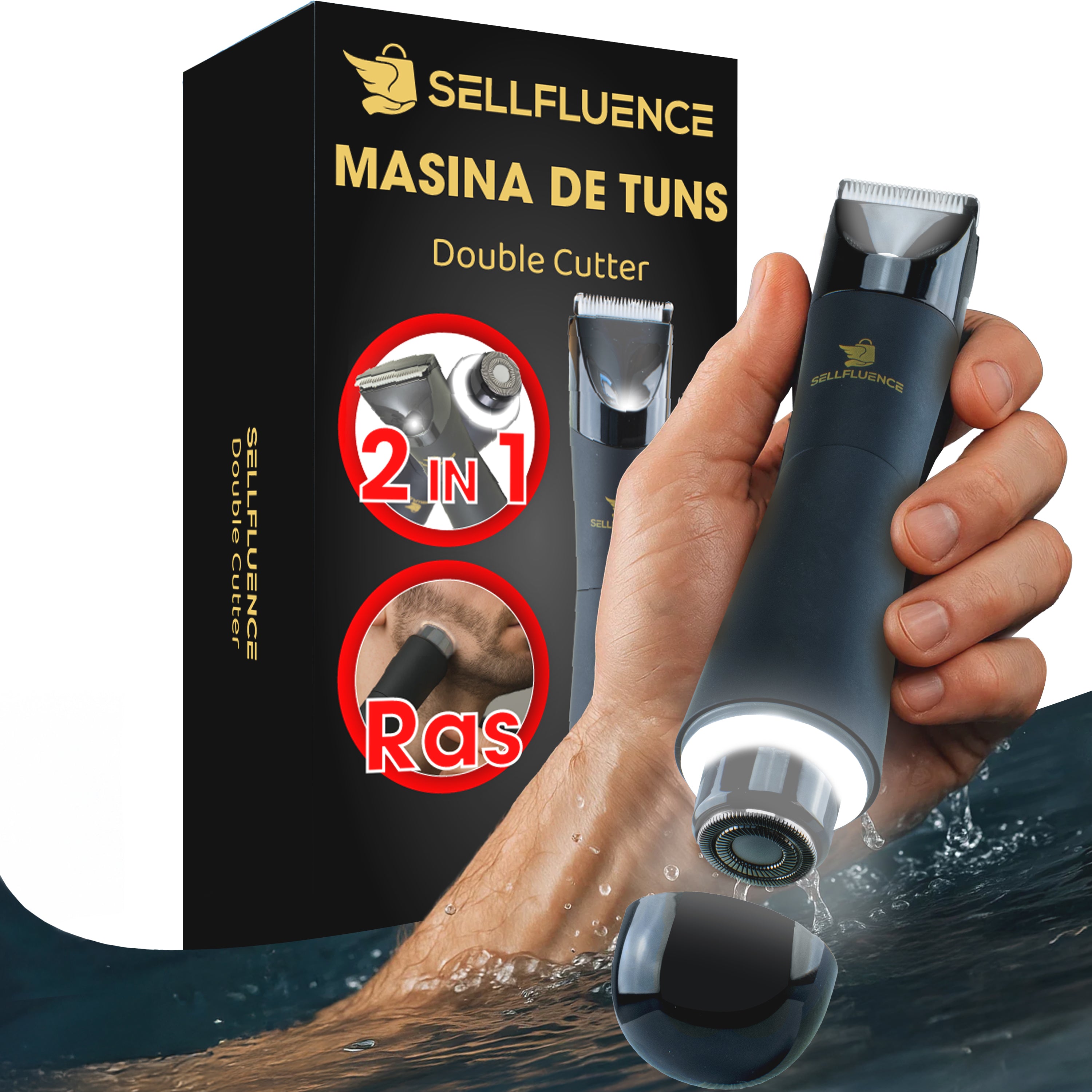 Masina de tuns si ras Sellfluence Double-cutter, inghinal, barba si corp, rezistent la apa, wireless, lumina led, 6000 rpm tuns, 9000 rpm ras, incarcare Type-C