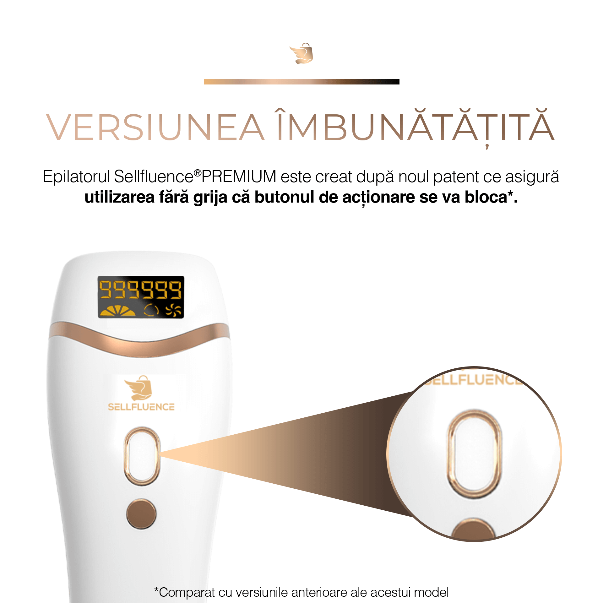 Epilator IPL Sellfluence, clasa Premium, 999.999 pulsatii, epilare definitiva, mod automat, pentru barbati si femei, indeparteaza parul permanent cu laser de pe corp, brate, picioare, axila, facial si inghinal, pentru uz casnic, senzor piele, alb lucios Versiune imbunatatita Epilatorul Sellfluence premium este creat dupa noul patent ce asigura utlizarea fara grija ca butonul de actionare se va bloca