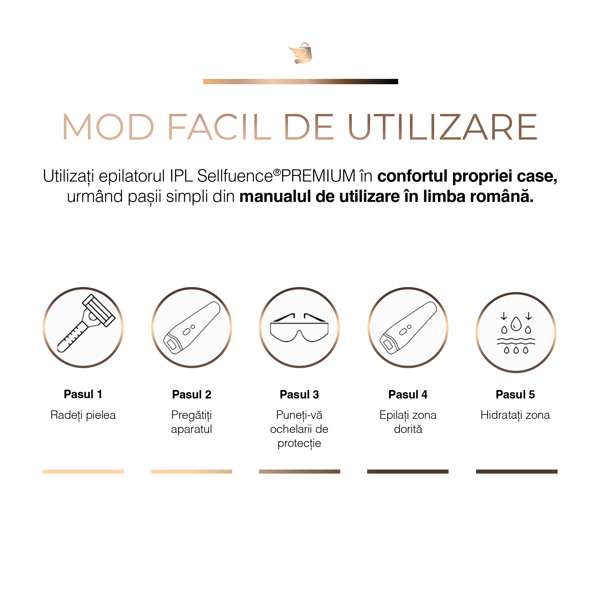 Mod facil de utilizare itilizati epilatorul IPL sellfluence Premium in confortul propriei case urmand pasii simpli din manualul de utilizare in limba romana Epilator IPL Sellfluence, clasa Premium, 999.999 pulsatii, epilare definitiva, mod automat, pentru barbati si femei, indeparteaza parul permanent cu laser de pe corp, brate, picioare, axila, facial si inghinal, pentru uz casnic, senzor piele, negru lucios