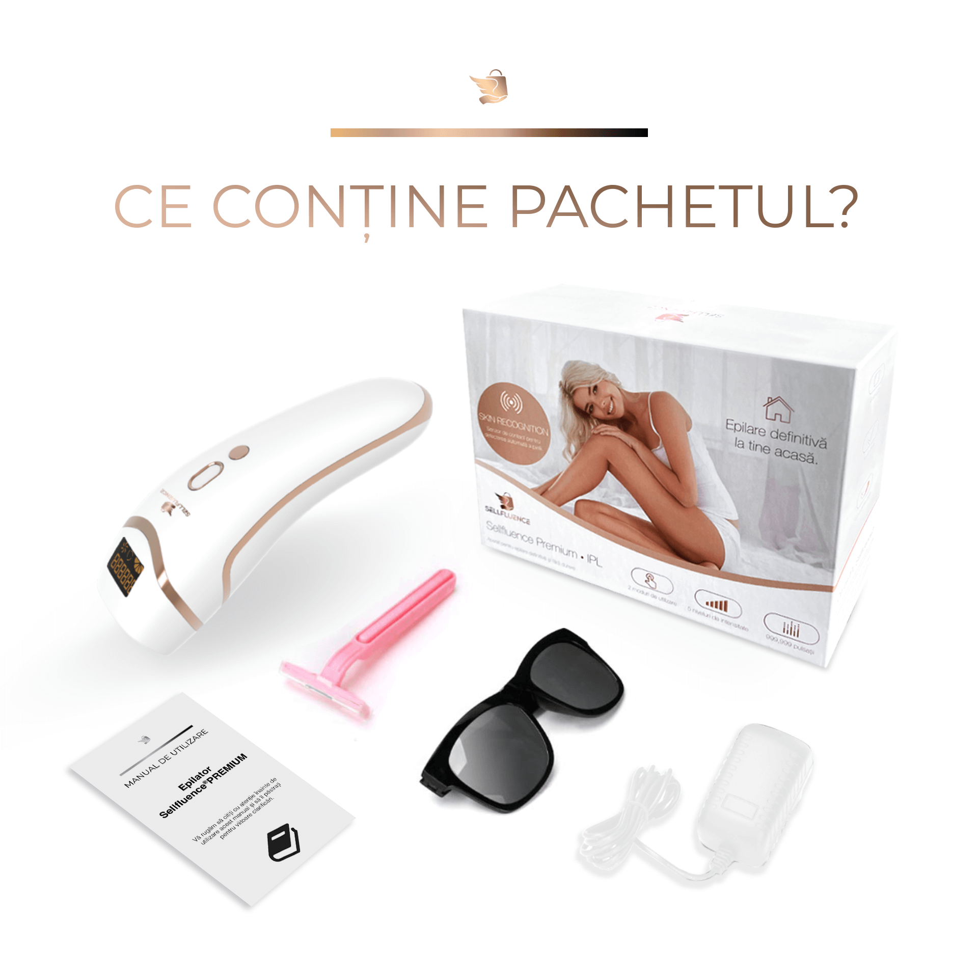 Ce contine pachetul? epilator IPL Sellfluence, clasa Premium, 999.999 pulsatii, epilare definitiva, mod automat, pentru barbati si femei, indeparteaza parul permanent cu laser de pe corp, brate, picioare, axila, facial si inghinal, pentru uz casnic, senzor piele, alb lucios