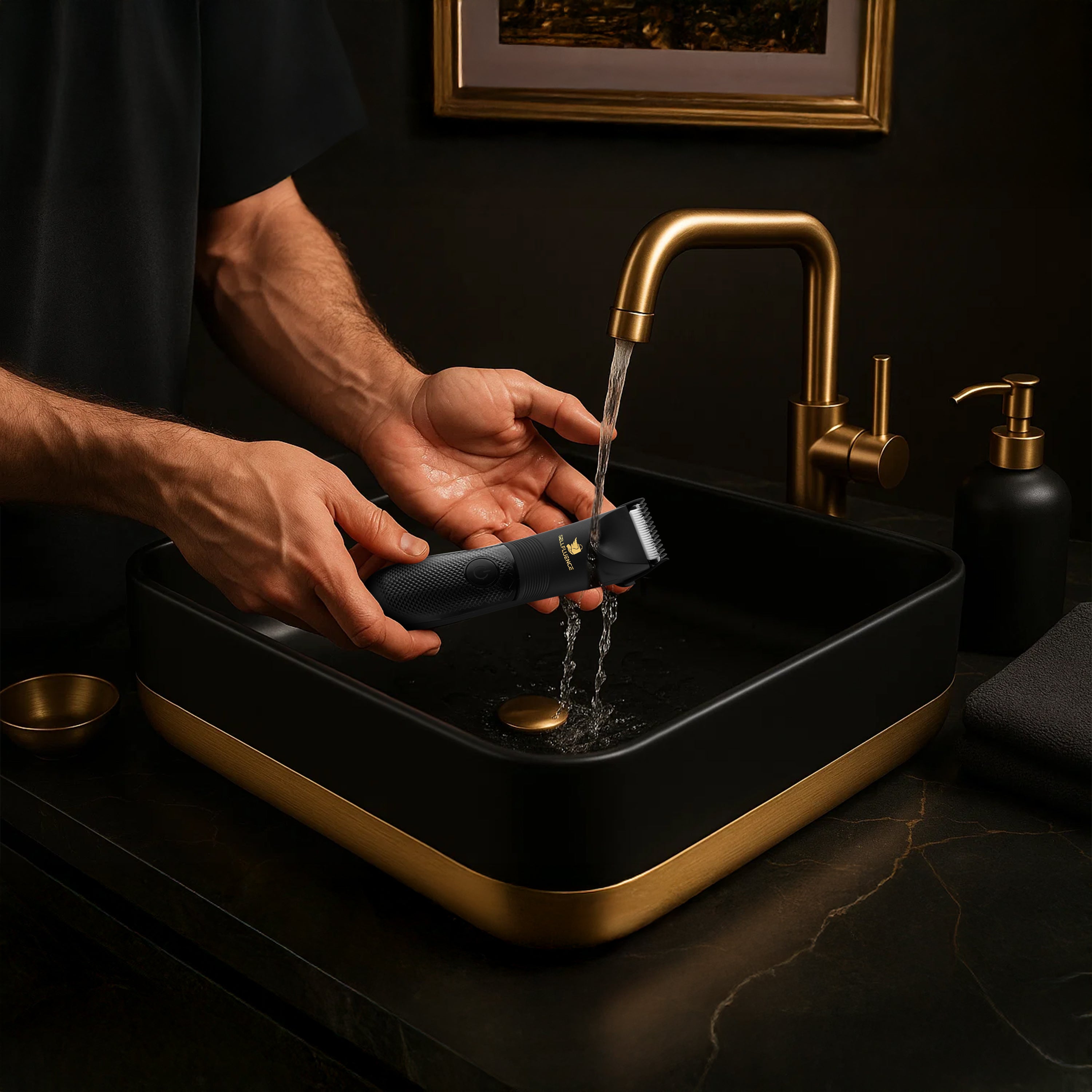 Masina de tuns Sellfluence Trimmer 1.0, inghinal, barba si corp, rezistent la apa, wireless, lumina led, 5000 rpm, cu stand, incarcare Type-C