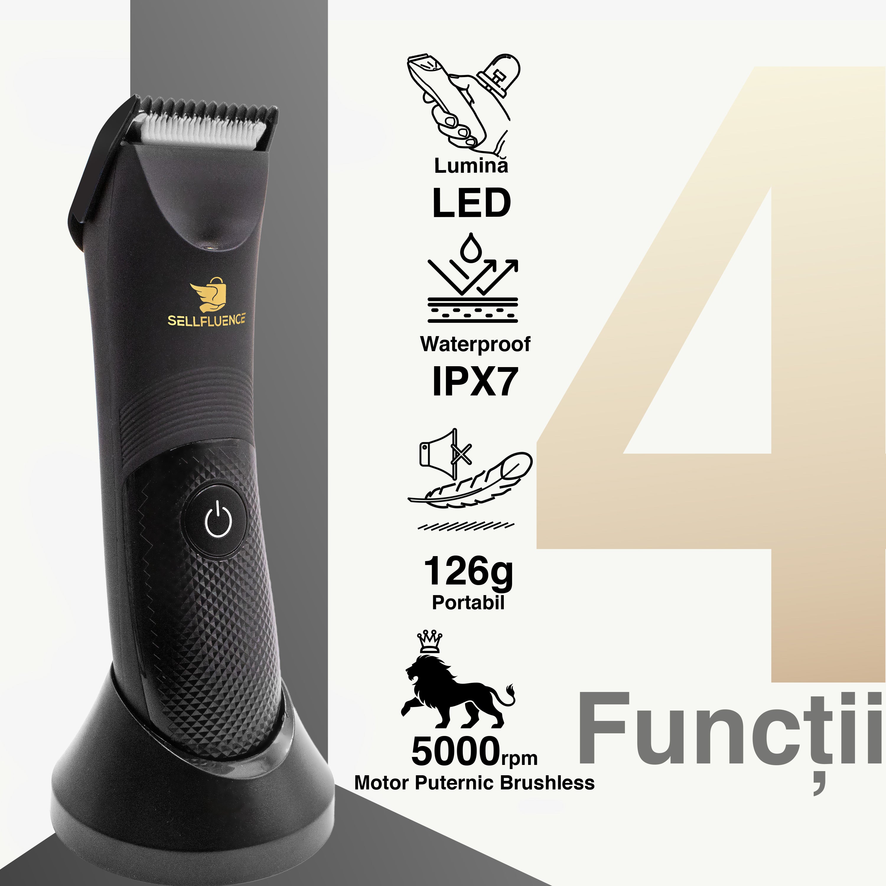 Masina de tuns Sellfluence Trimmer 1.0, inghinal, barba si corp, rezistent la apa, wireless, lumina led, 5000 rpm, cu stand, incarcare Type-C