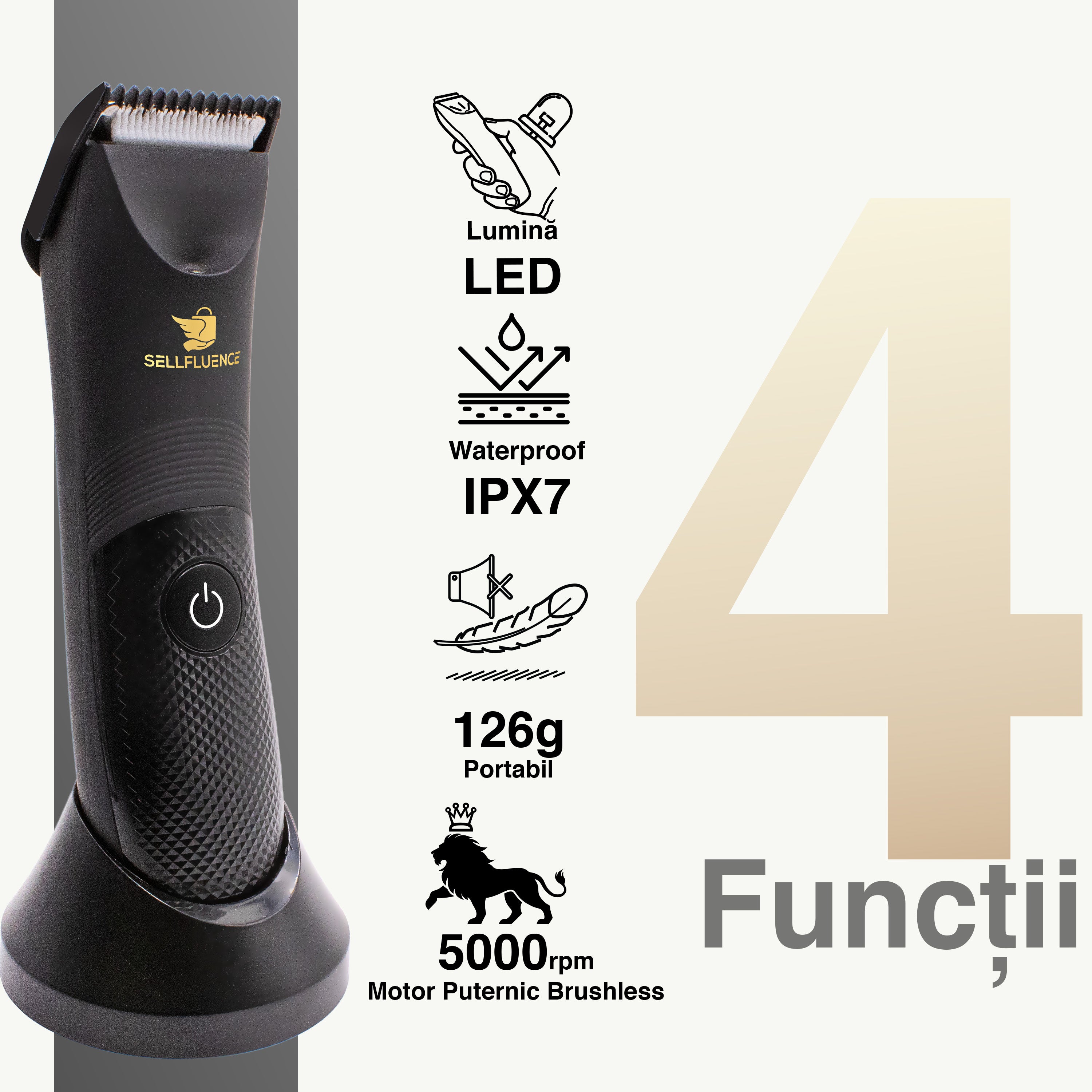 Masina de tuns Sellfluence Trimmer 1.0, inghinal, barba si corp, rezistent la apa, wireless, lumina led, 5000 rpm, cu stand, incarcare Type-C
