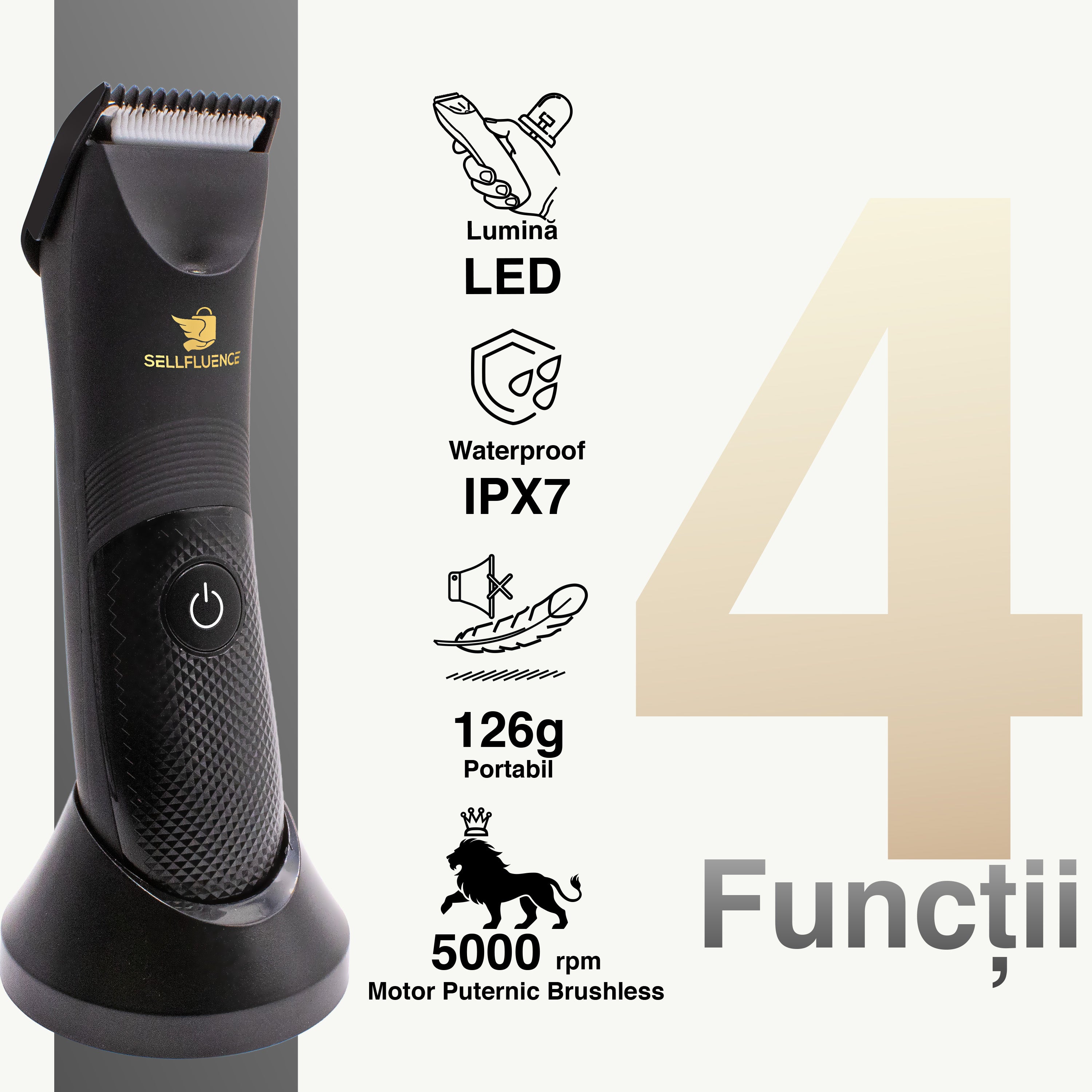 Masina de tuns Sellfluence Trimmer 1.0, inghinal, barba si corp, rezistent la apa, wireless, lumina led, 5000 rpm, cu stand, incarcare Type-C