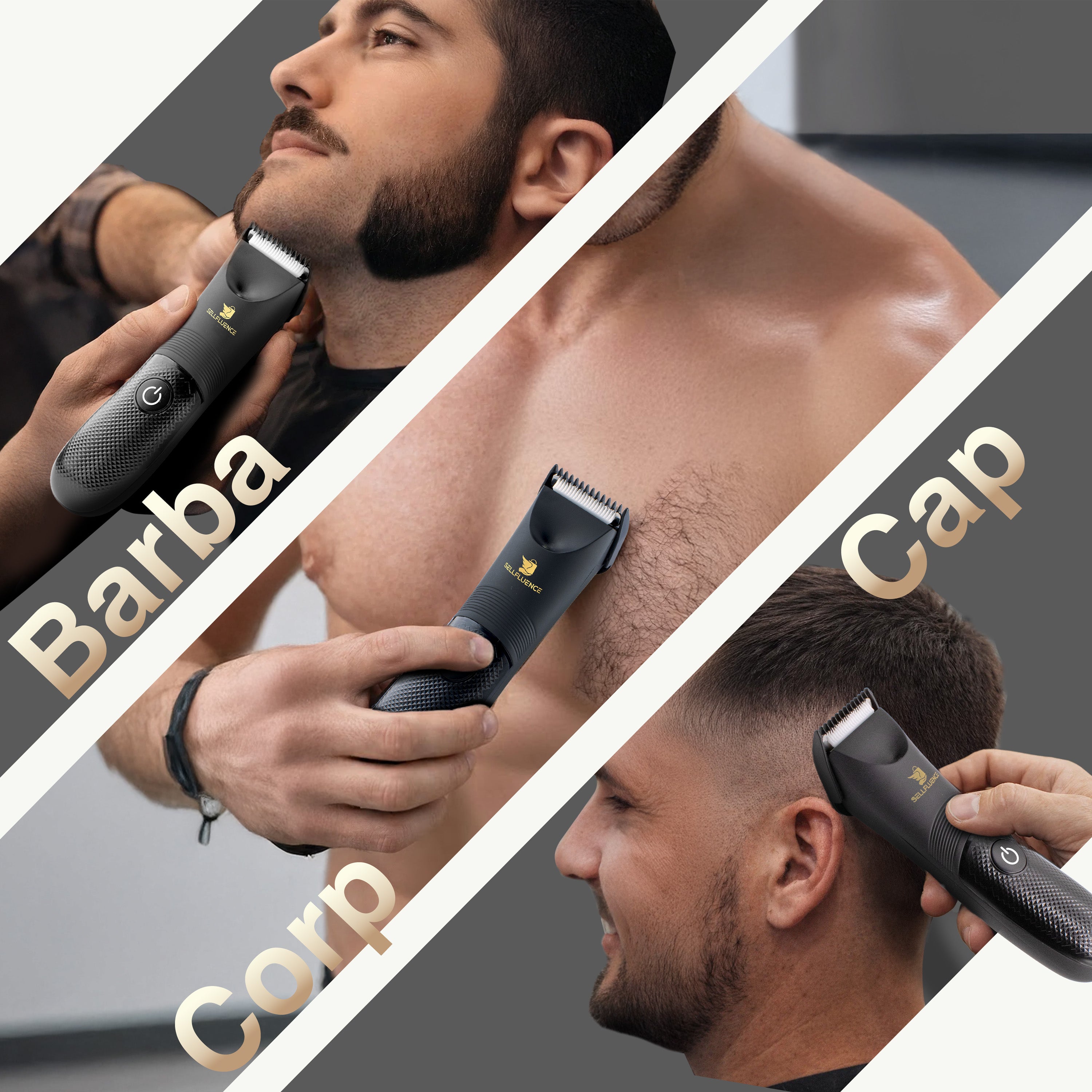 Masina de tuns Sellfluence Trimmer 1.0, inghinal, barba si corp, rezistent la apa, wireless, lumina led, 5000 rpm, cu stand, incarcare Type-C