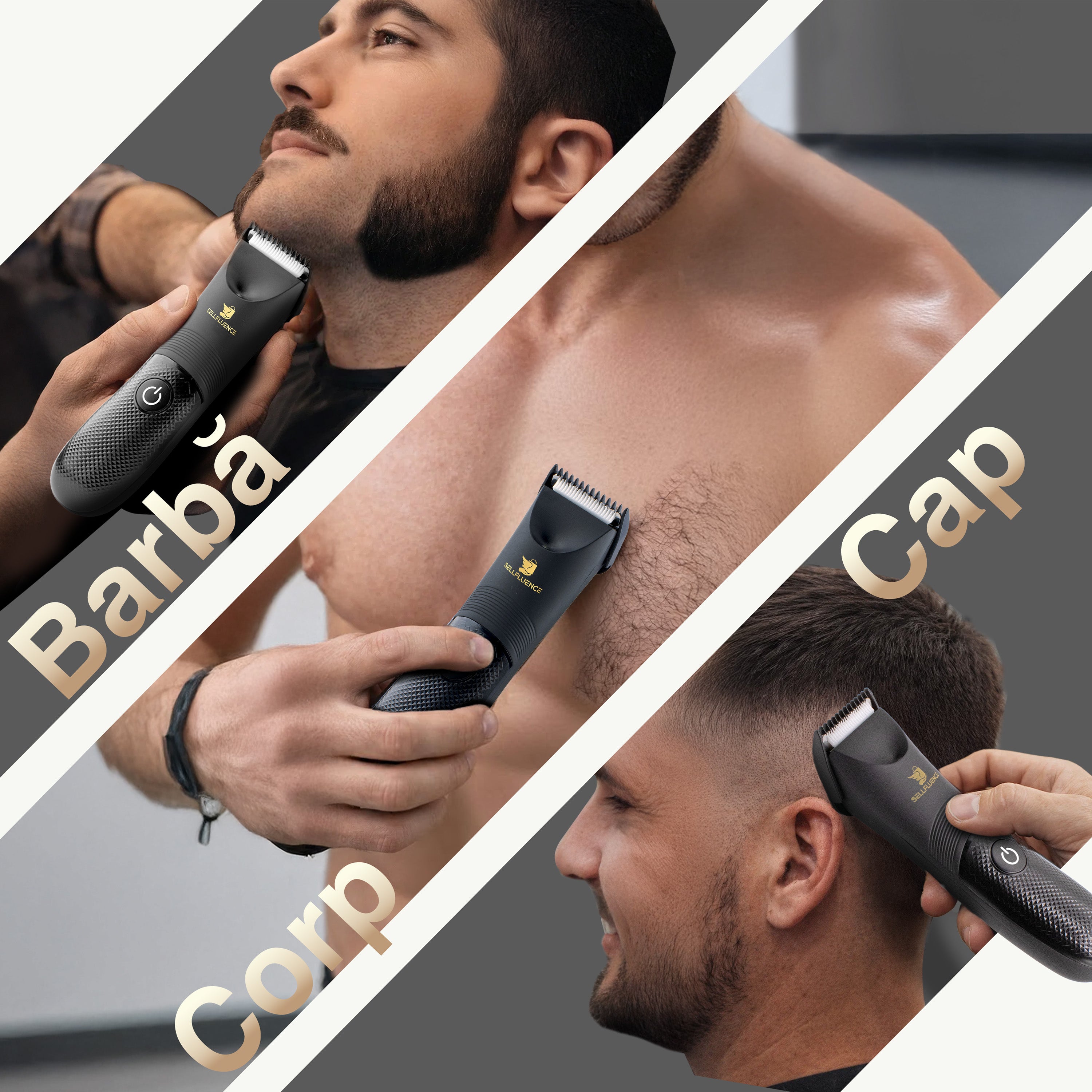 Masina de tuns Sellfluence Trimmer 1.0, inghinal, barba si corp, rezistent la apa, wireless, lumina led, 5000 rpm, cu stand, incarcare Type-C