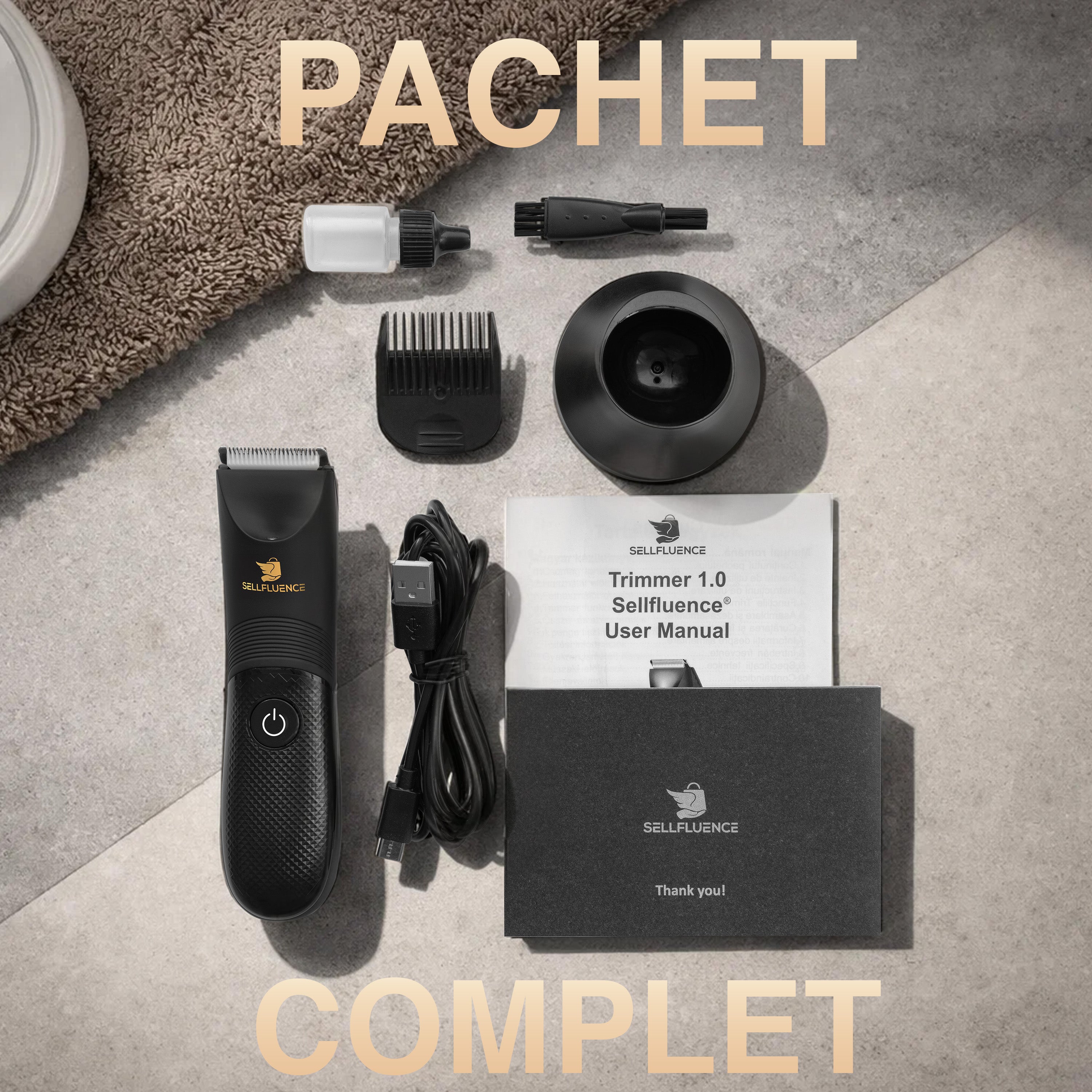 Masina de tuns Sellfluence Trimmer 1.0, inghinal, barba si corp, rezistent la apa, wireless, lumina led, 5000 rpm, cu stand, incarcare Type-C