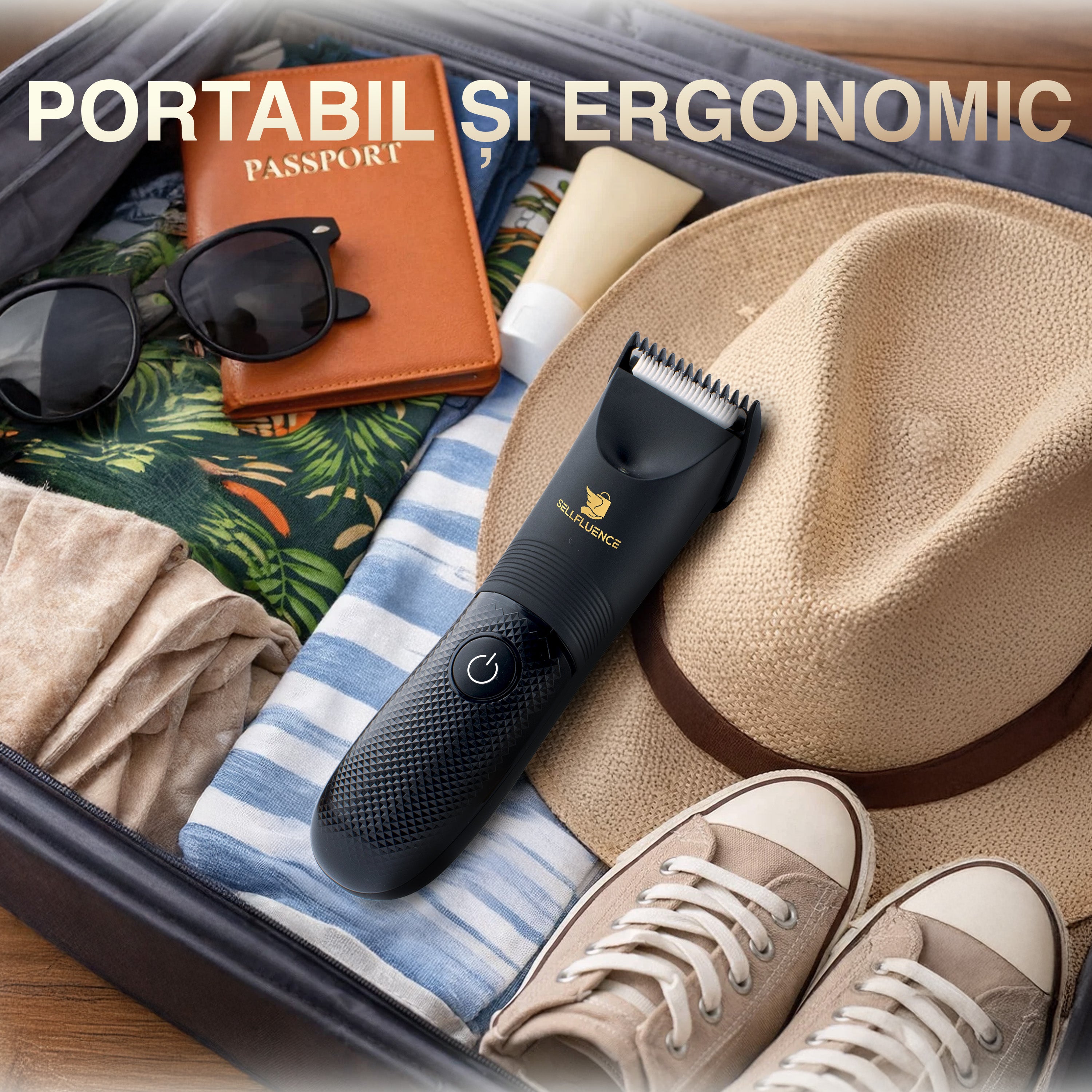 Masina de tuns Sellfluence Trimmer 1.0, inghinal, barba si corp, rezistent la apa, wireless, lumina led, 5000 rpm, cu stand, incarcare Type-C