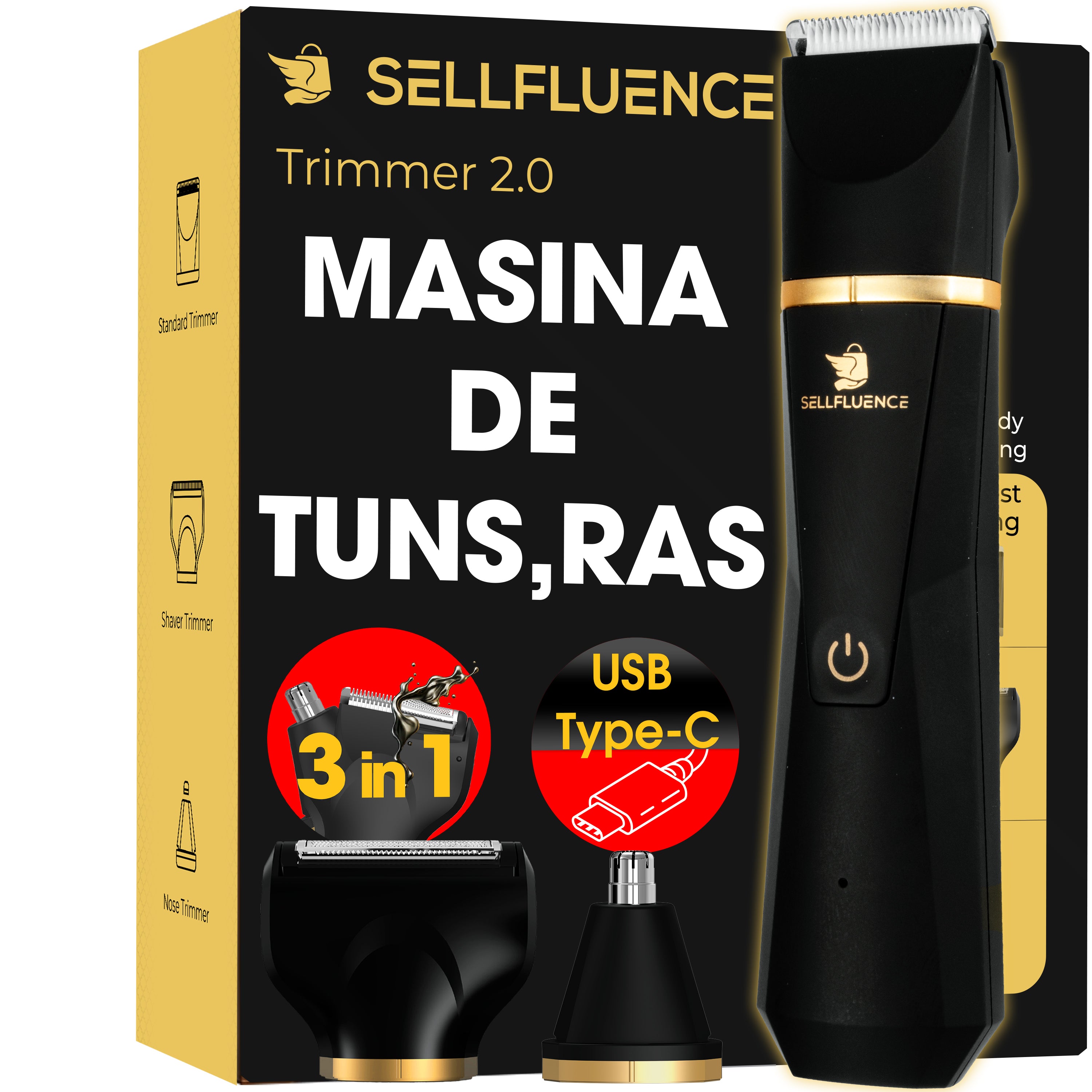 Masina de tuns si aparat de ras, Sellfluence Trimmer 2.0, multifunctional 3 in 1, de tuns, ras, nazal si conturare, pentru corp, inghinal, barba, nas, USB Type C, rezistent la apa, 7000 rpm