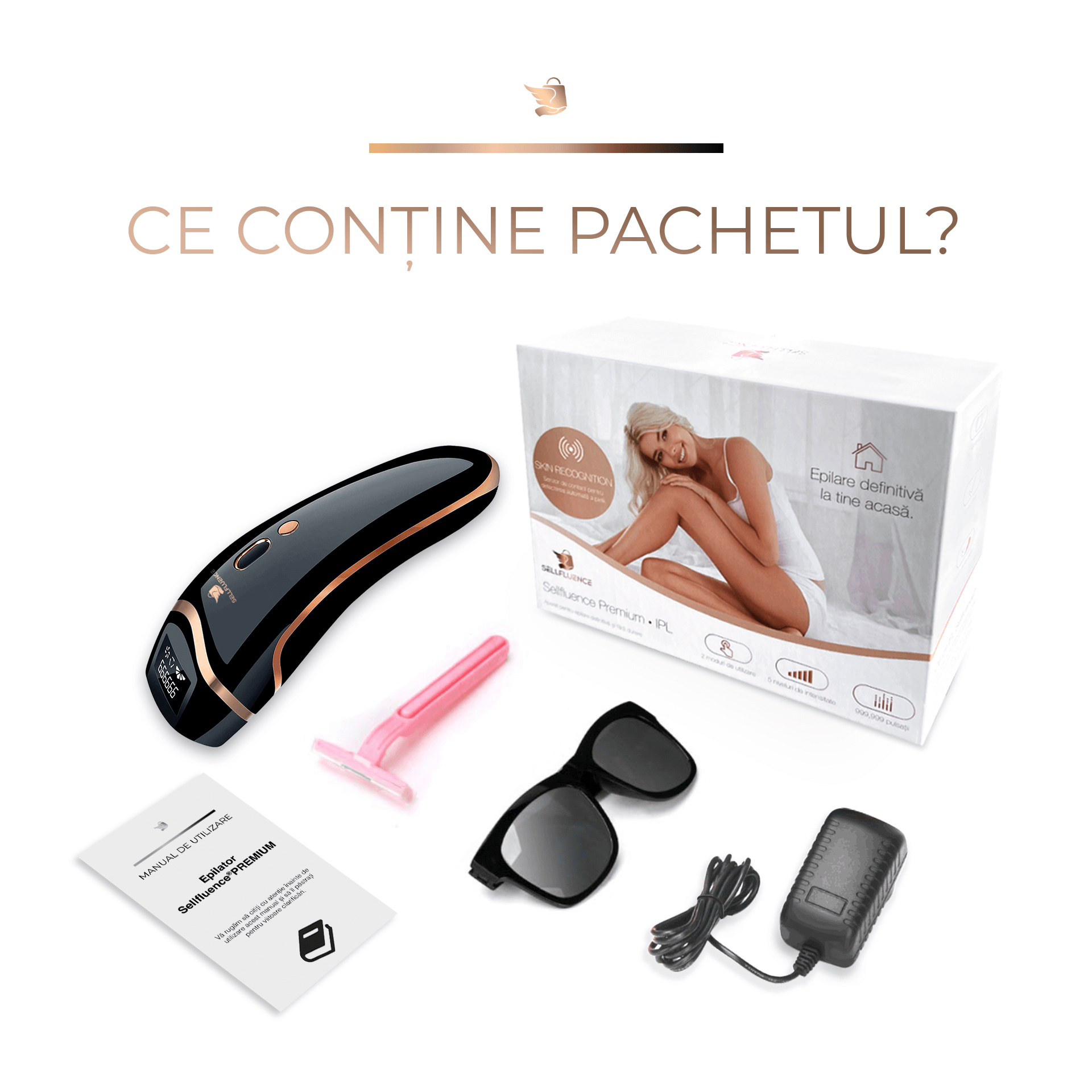 Ce contine pachetul Epilator IPL Sellfluence, clasa Premium, 999.999 pulsatii, epilare definitiva, mod automat, pentru barbati si femei, indeparteaza parul permanent cu laser de pe corp, brate, picioare, axila, facial si inghinal, pentru uz casnic, senzor piele, negru lucios