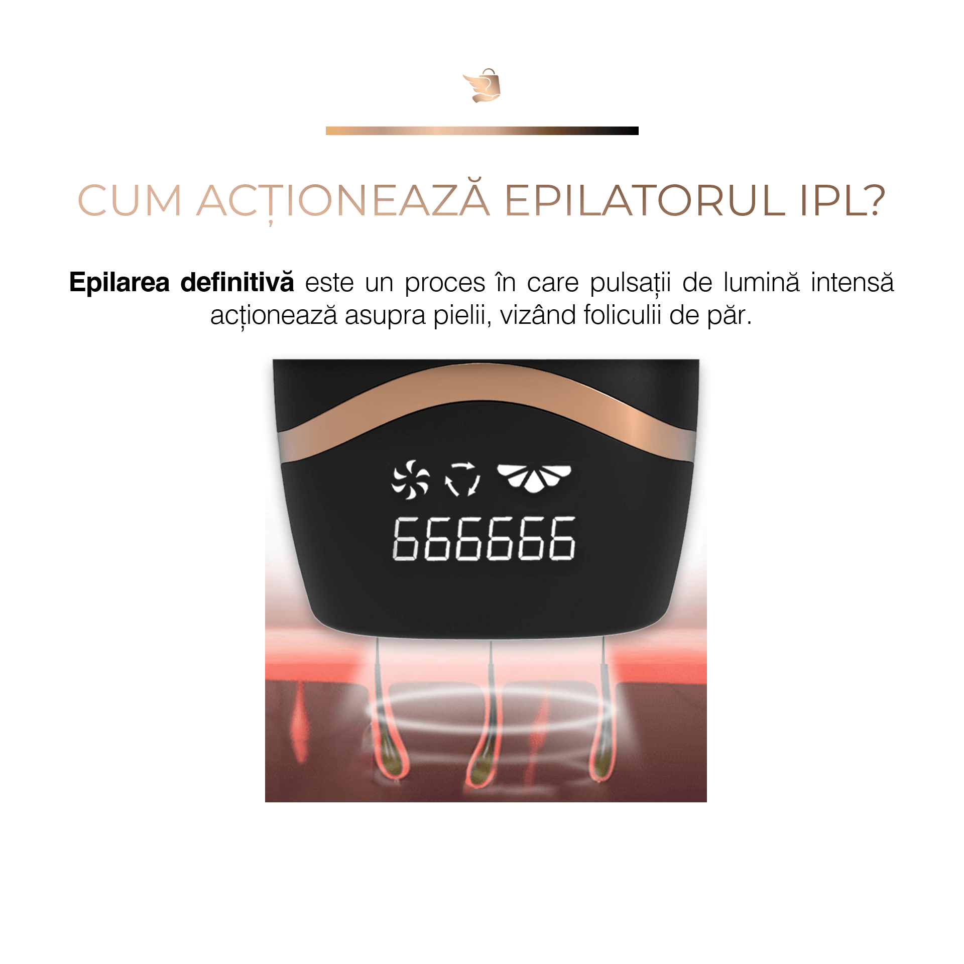Cum actioneaa epilatorul IPL epilarea definitiva este un proces in care pulsatii de lumina intensa actioneaza asupra pielii vizand foliculii de par Epilator IPL Sellfluence, clasa Premium, 999.999 pulsatii, epilare definitiva, mod automat, pentru barbati si femei, indeparteaza parul permanent cu laser de pe corp, brate, picioare, axila, facial si inghinal, pentru uz casnic, senzor piele, negru lucios