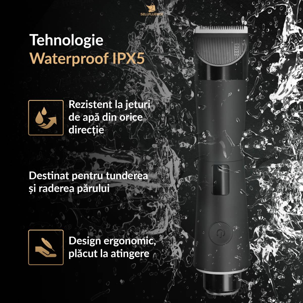 Masina de tuns si ras Sellfluence Double-cutter, inghinal, barba si corp, rezistent la apa, wireless, lumina led, 6000 rpm tuns, 9000 rpm ras, incarcare Type-C