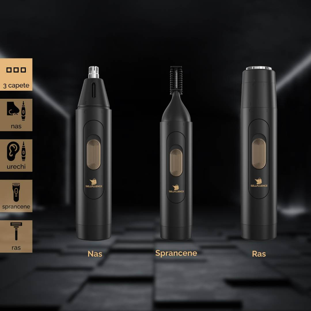 Masina de tuns pentru nas Sellfluence Nose Trimmer 3 in 1, multifunctional, cu cap separat pentru nas, sprancene si ras, rezistent la apa, wireless, 7000 rpm, autonomie 1-1.5h, incarcare USB Type C
