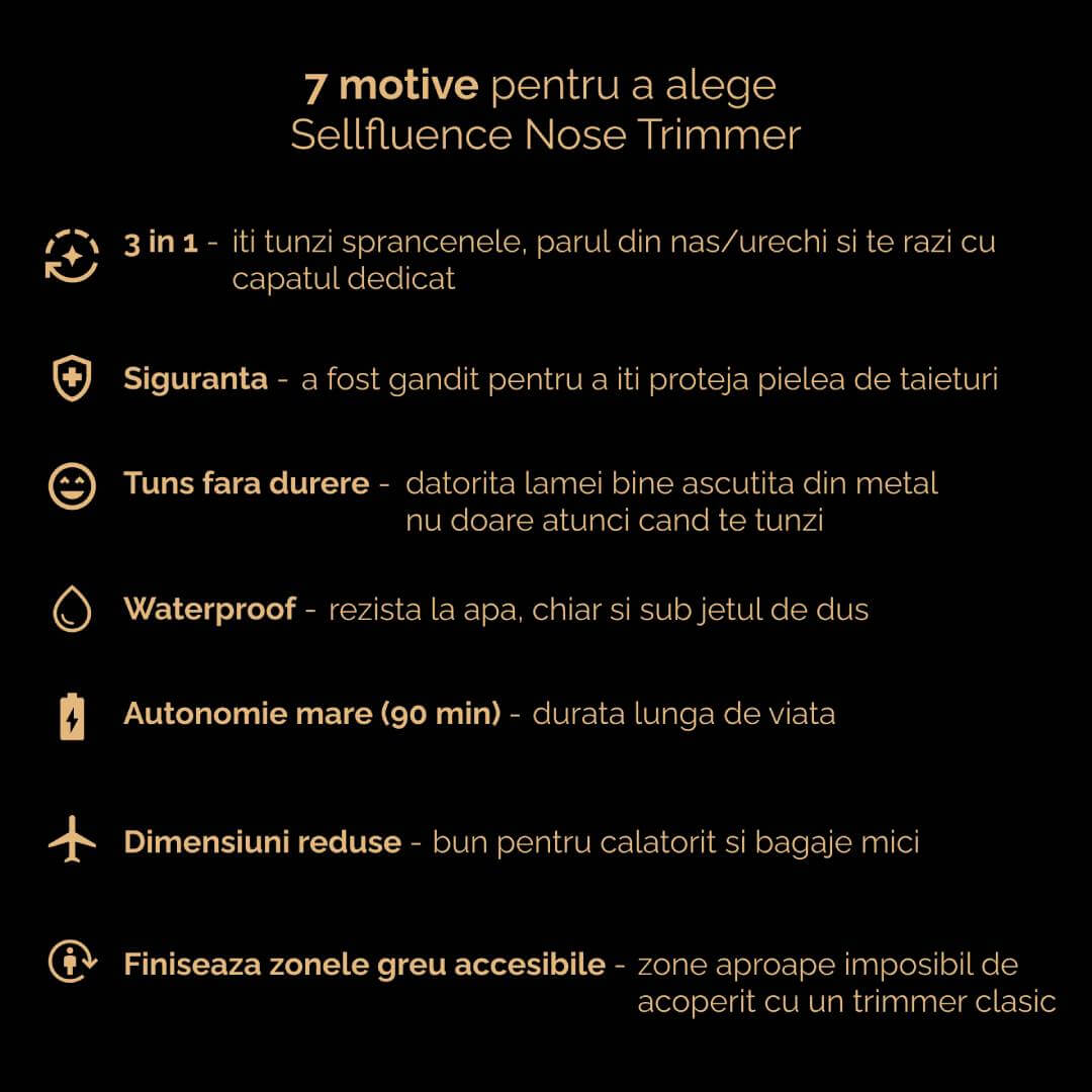 Masina de tuns pentru nas Sellfluence Nose Trimmer 3 in 1, multifunctional, cu cap separat pentru nas, sprancene si ras, rezistent la apa, wireless, 7000 rpm, autonomie 1-1.5h, incarcare USB Type C