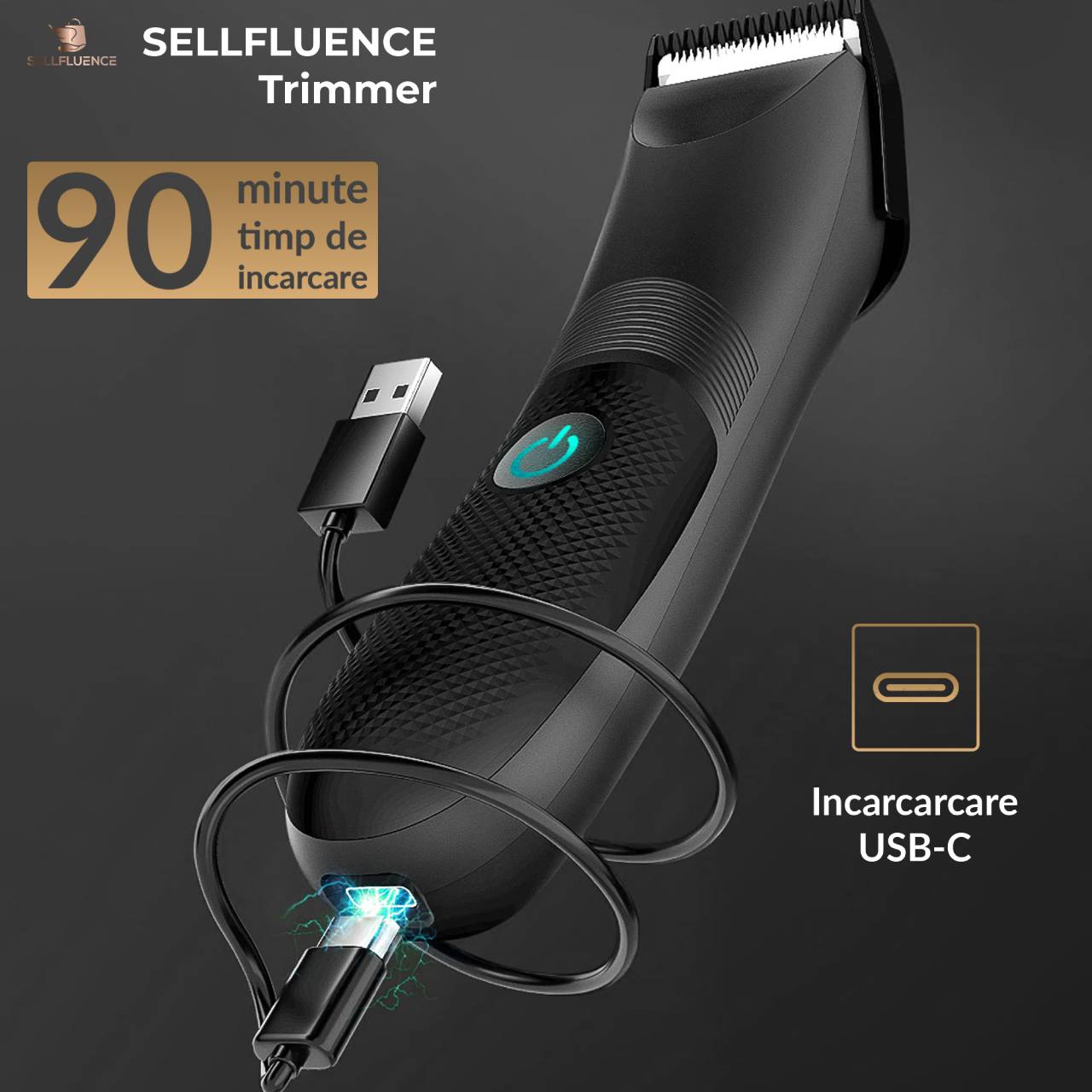 Masina de tuns Sellfluence Trimmer 1.0, inghinal, barba si corp, rezistent la apa, wireless, lumina led, 5000 rpm, cu stand, incarcare Type-C
