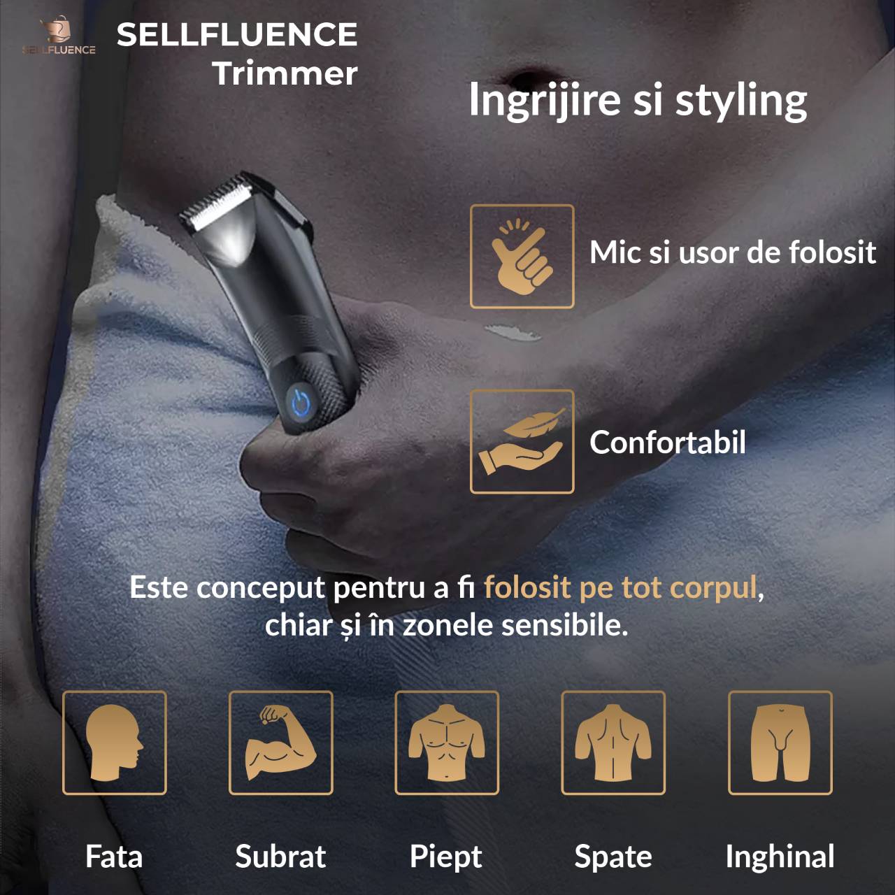 Masina de tuns Sellfluence Trimmer 1.0, inghinal, barba si corp, rezistent la apa, wireless, lumina led, 5000 rpm, cu stand, incarcare Type-C