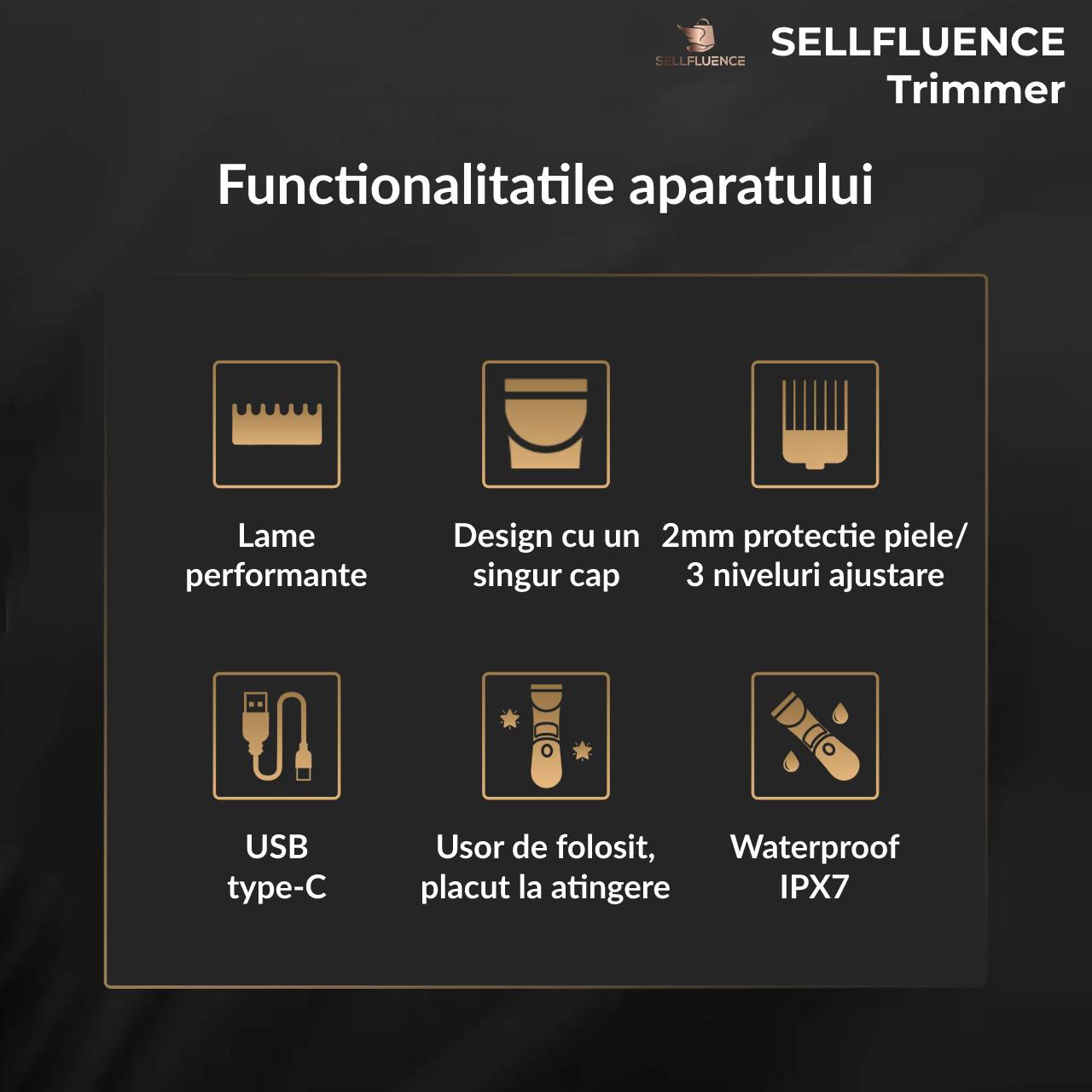 Masina de tuns Sellfluence Trimmer 1.0, inghinal, barba si corp, rezistent la apa, wireless, lumina led, 5000 rpm, cu stand, incarcare Type-C