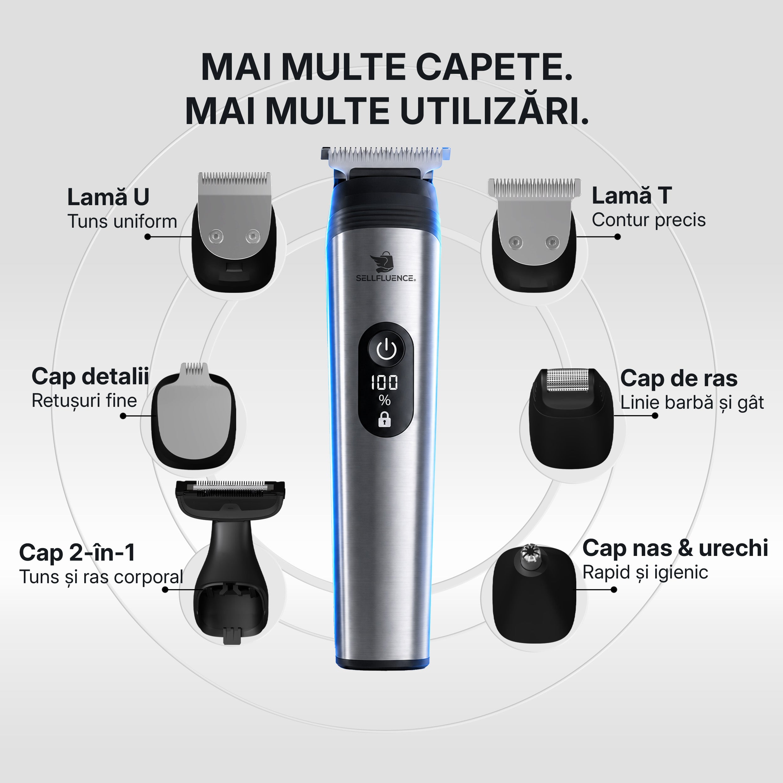 Masina de tuns si aparat de ras, Sellfluence All-in-One 16 in 1, par, barba, nas, inghinal si corp, rezistent la apa, wireless, 7000 rpm, autonomie 4-8 ore, negru/argintiu