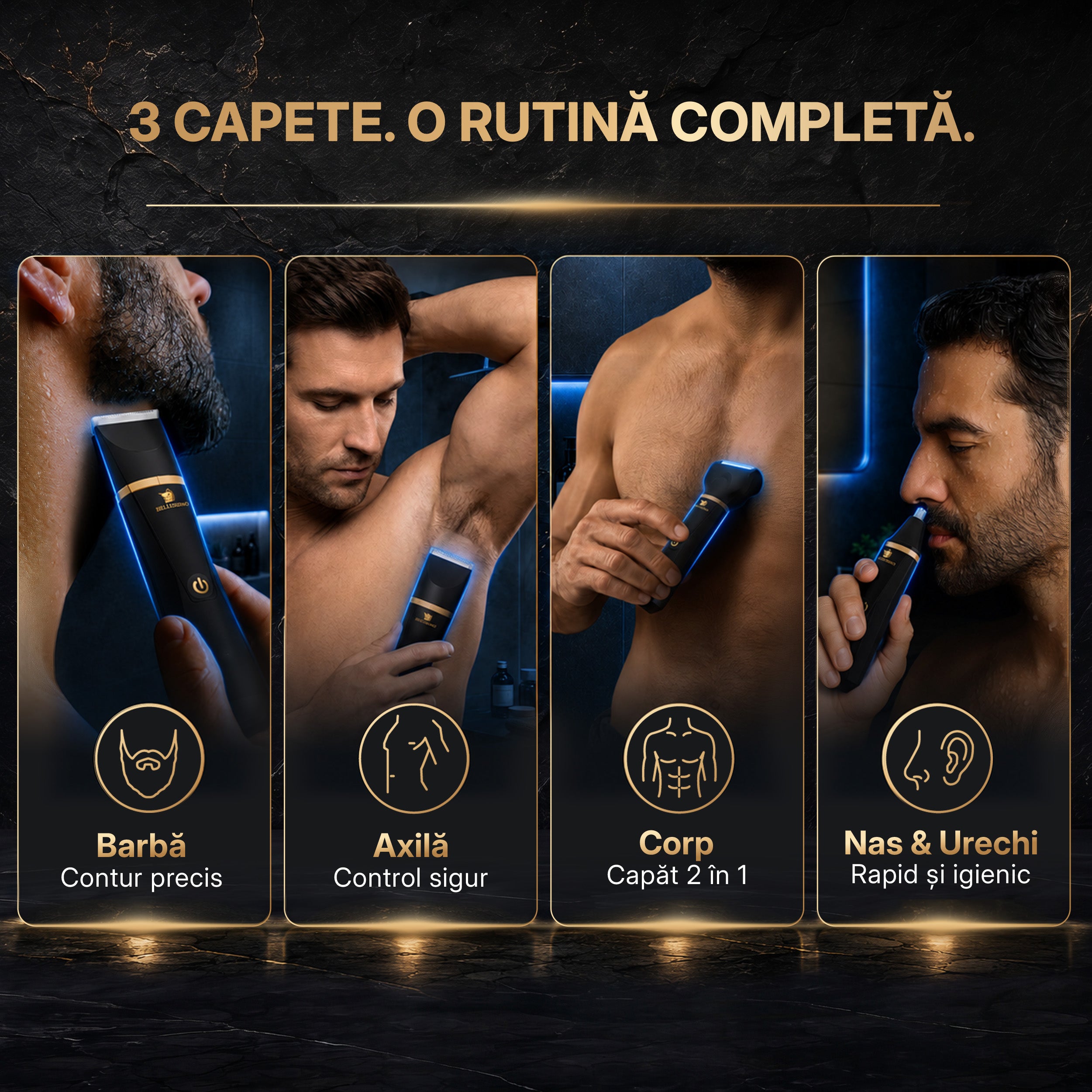 Masina de tuns si aparat de ras, Sellfluence Trimmer 2.0, multifunctional 3 in 1, de tuns, ras, nazal si conturare, pentru corp, inghinal, barba, nas, USB Type C, rezistent la apa, 7000 rpm