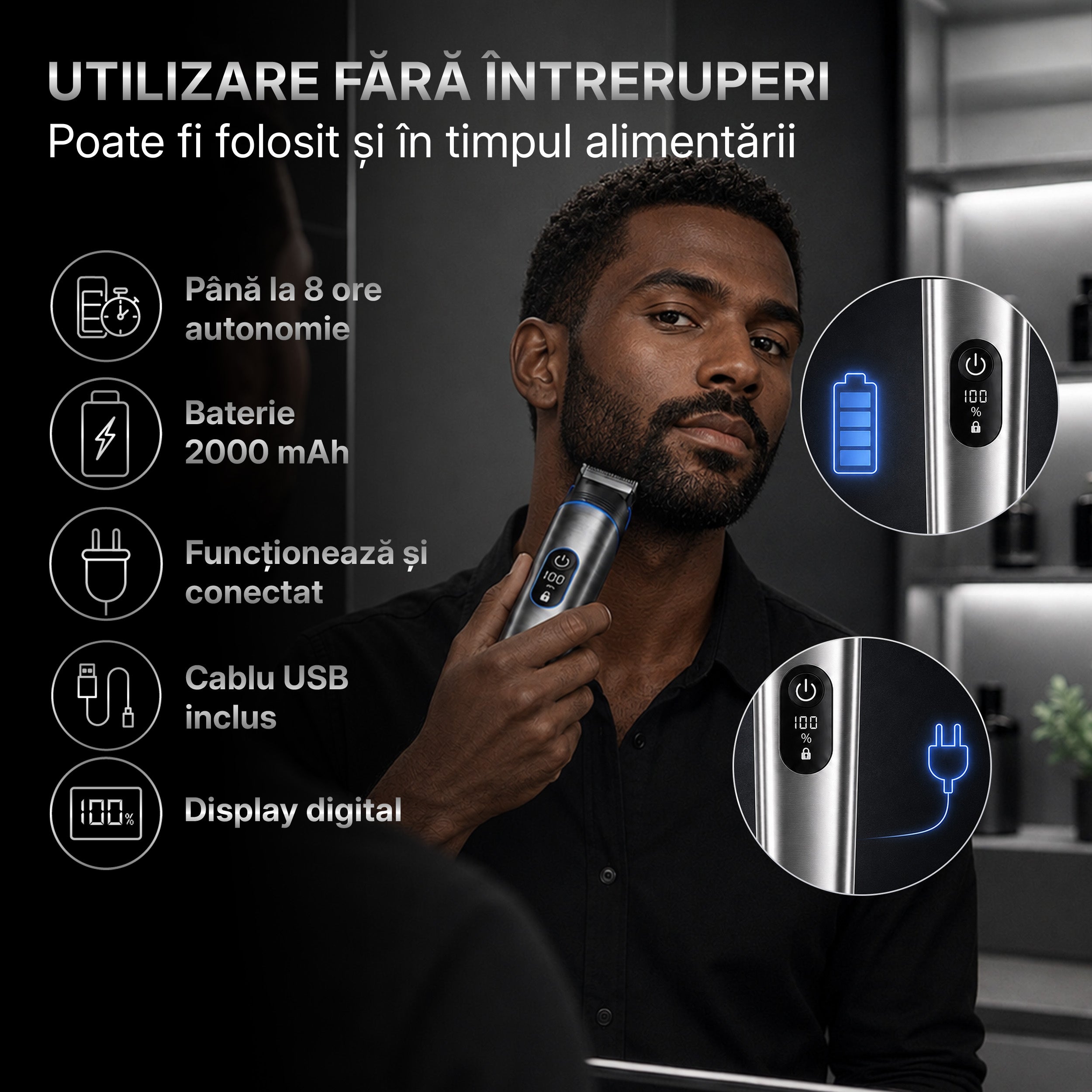 Masina de tuns si aparat de ras, Sellfluence All-in-One 16 in 1, par, barba, nas, inghinal si corp, rezistent la apa, wireless, 7000 rpm, autonomie 4-8 ore, negru/argintiu