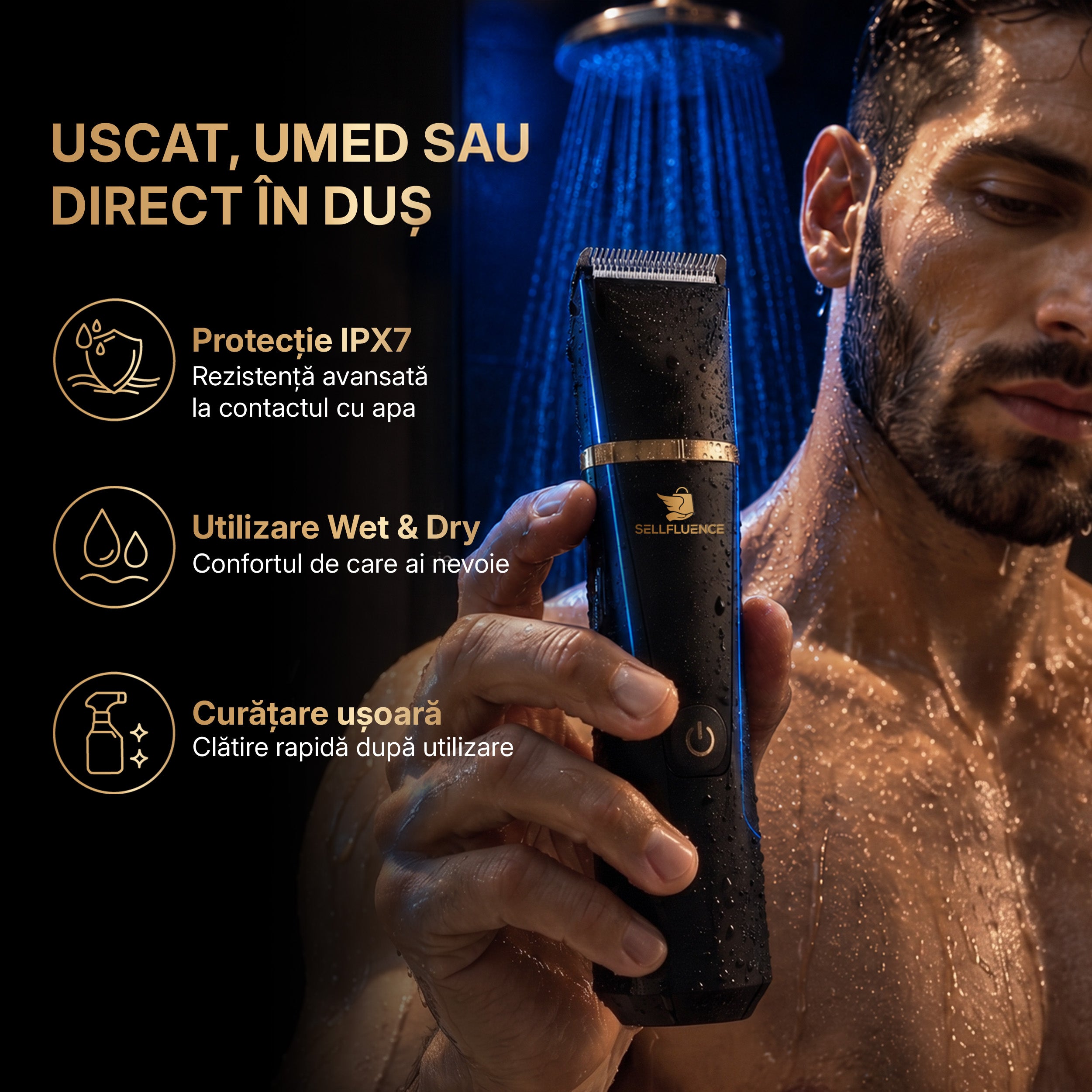 Masina de tuns si aparat de ras, Sellfluence Trimmer 2.0, multifunctional 3 in 1, de tuns, ras, nazal si conturare, pentru corp, inghinal, barba, nas, USB Type C, rezistent la apa, 7000 rpm