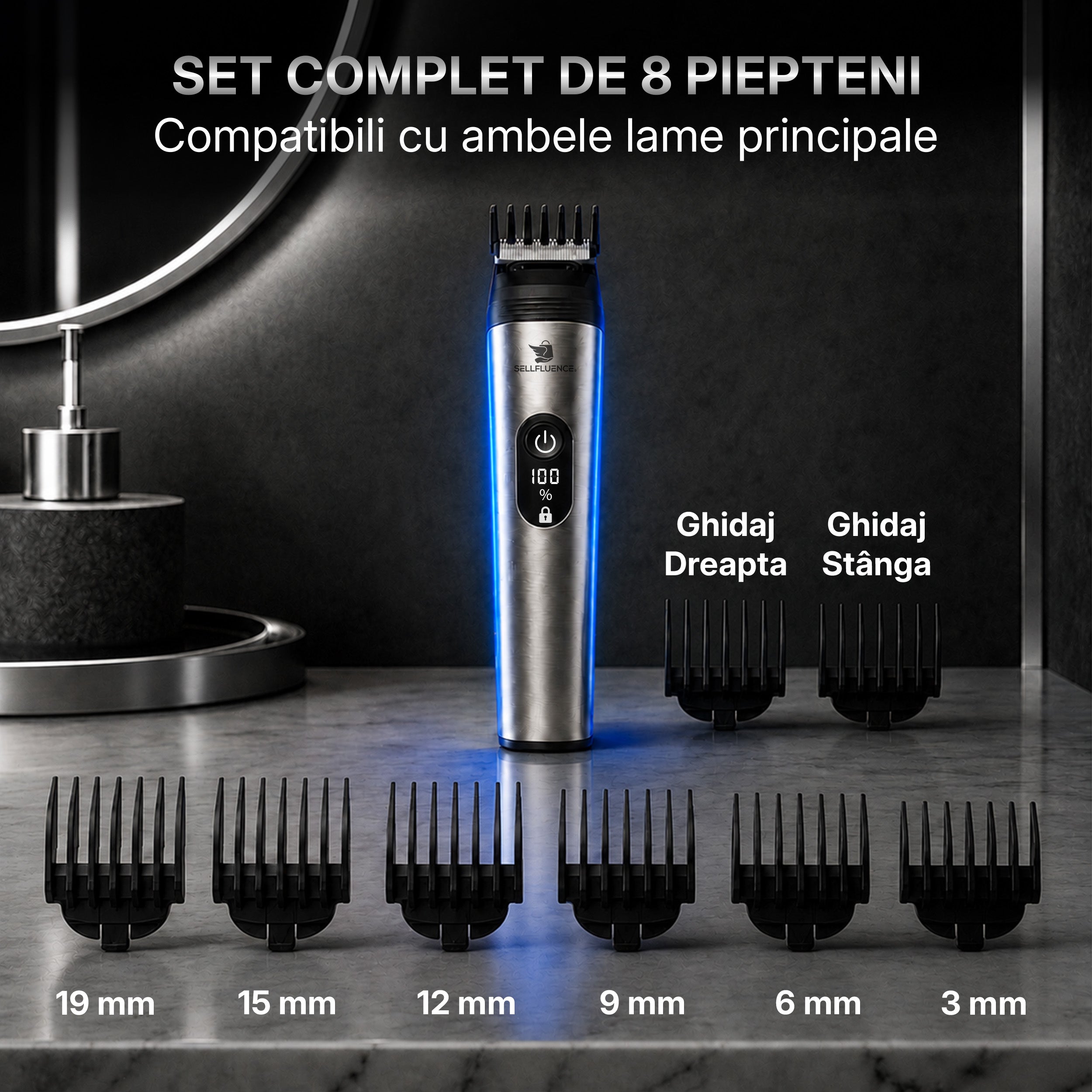 Masina de tuns si aparat de ras, Sellfluence All-in-One 16 in 1, par, barba, nas, inghinal si corp, rezistent la apa, wireless, 7000 rpm, autonomie 4-8 ore, negru/argintiu
