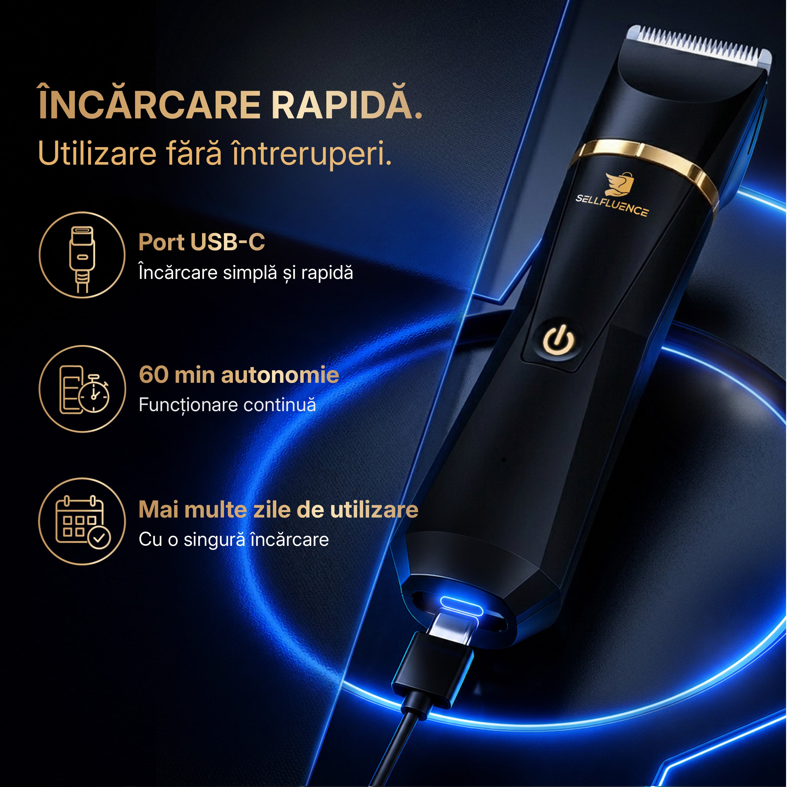 Masina de tuns si aparat de ras, Sellfluence Trimmer 2.0, multifunctional 3 in 1, de tuns, ras, nazal si conturare, pentru corp, inghinal, barba, nas, USB Type C, rezistent la apa, 7000 rpm