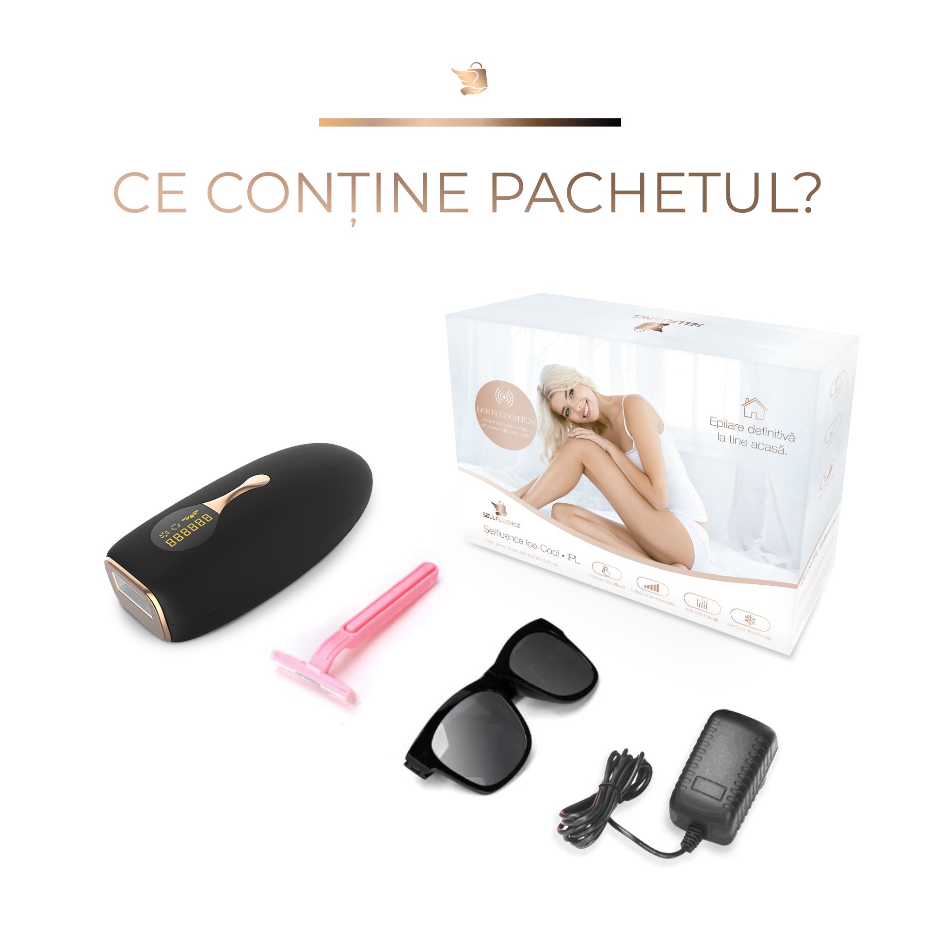 Epilator IPL Sellfluence ICE-COOL 4 in 1, epilare definitiva fara durere, 999.999 pulsatii, mod automat, pentru barbati, femei, indeparteaza parul permanent de pe corp, brate, picioare, axila, facial si inghinal, senzor piele